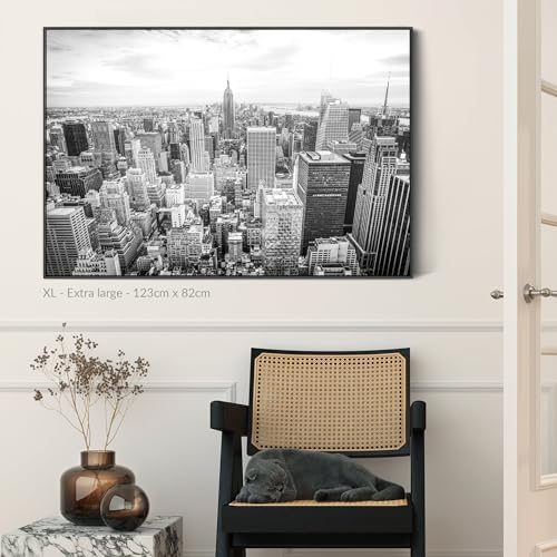 New York Skyline Framed Canvas Wall Art - Black White Picture - FF2104 - XXL - 123cm x 82cm