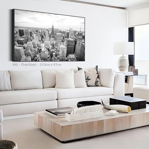 New York Skyline Framed Canvas Wall Art - Black White Picture - FF2104 - XXL - 123cm x 82cm