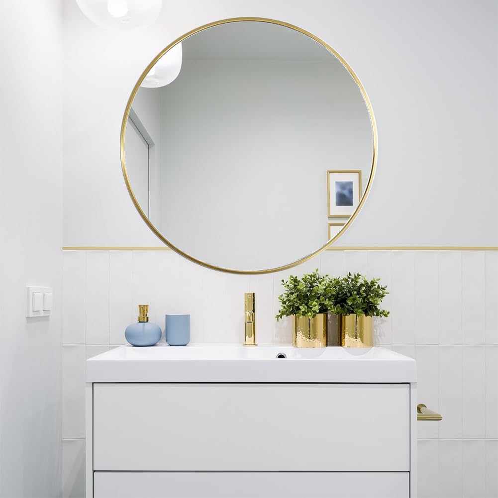 Warmiehomy Round Bathroom Mirror Wall Mounted Makeup Mirror with Frame for Bathroom Dressing Living Room Bedroom (Φ60cm, Gold)