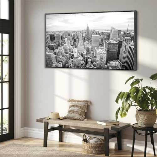 New York Skyline Framed Canvas Wall Art - Black White Picture - FF2104 - XXL - 123cm x 82cm