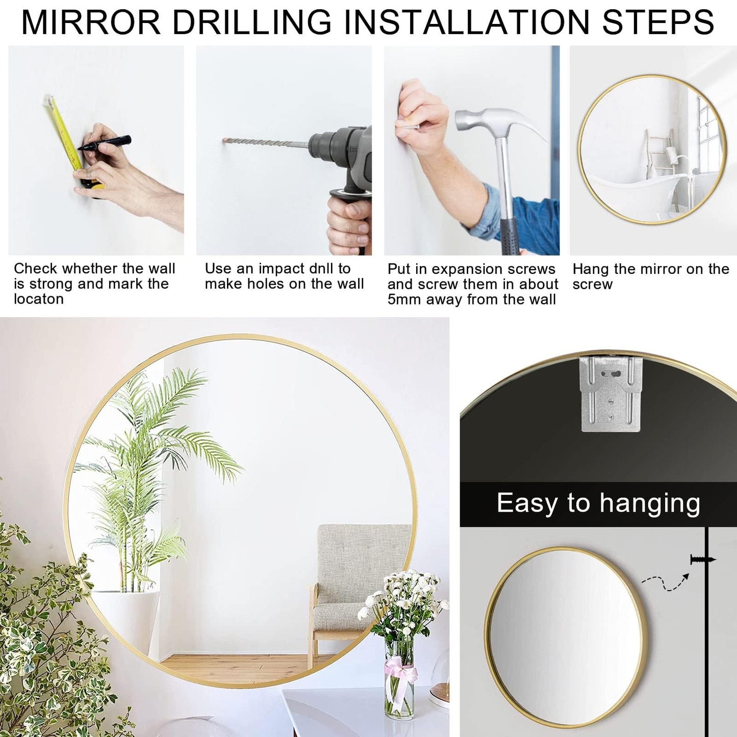Holdfiturn 50cm Round Mirror,Large Modern Gold Copper Brushed Frame Wall Mirror,Metal Framed HD Glass Wall Mirror circle mirror for Makeup Bathroom Living Room Bedroom