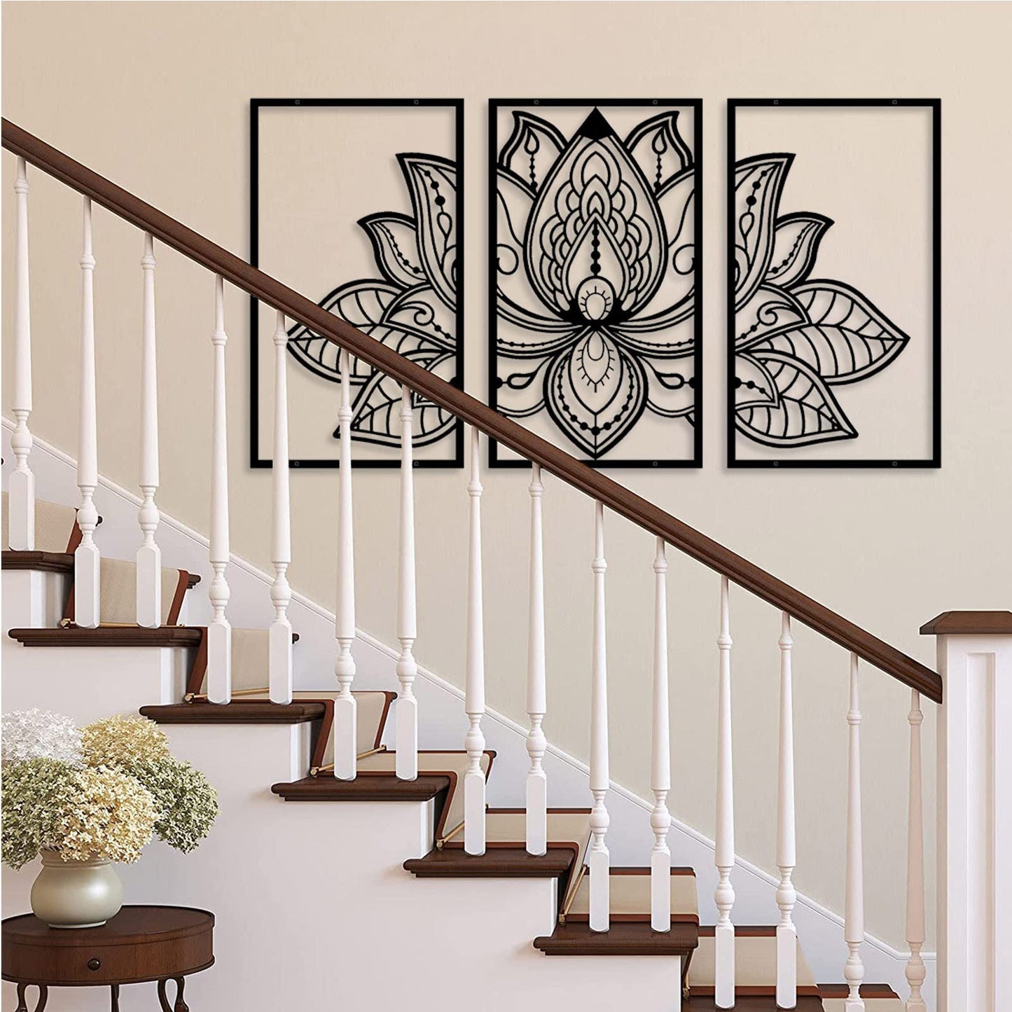 ESTART Large Lotus Flower Metal Wall Art 3-piece Set, Religion Faith Mandala Home Wall Decoration for Living Room, Bedroom, Office and Yoga Room (Gold, Large)