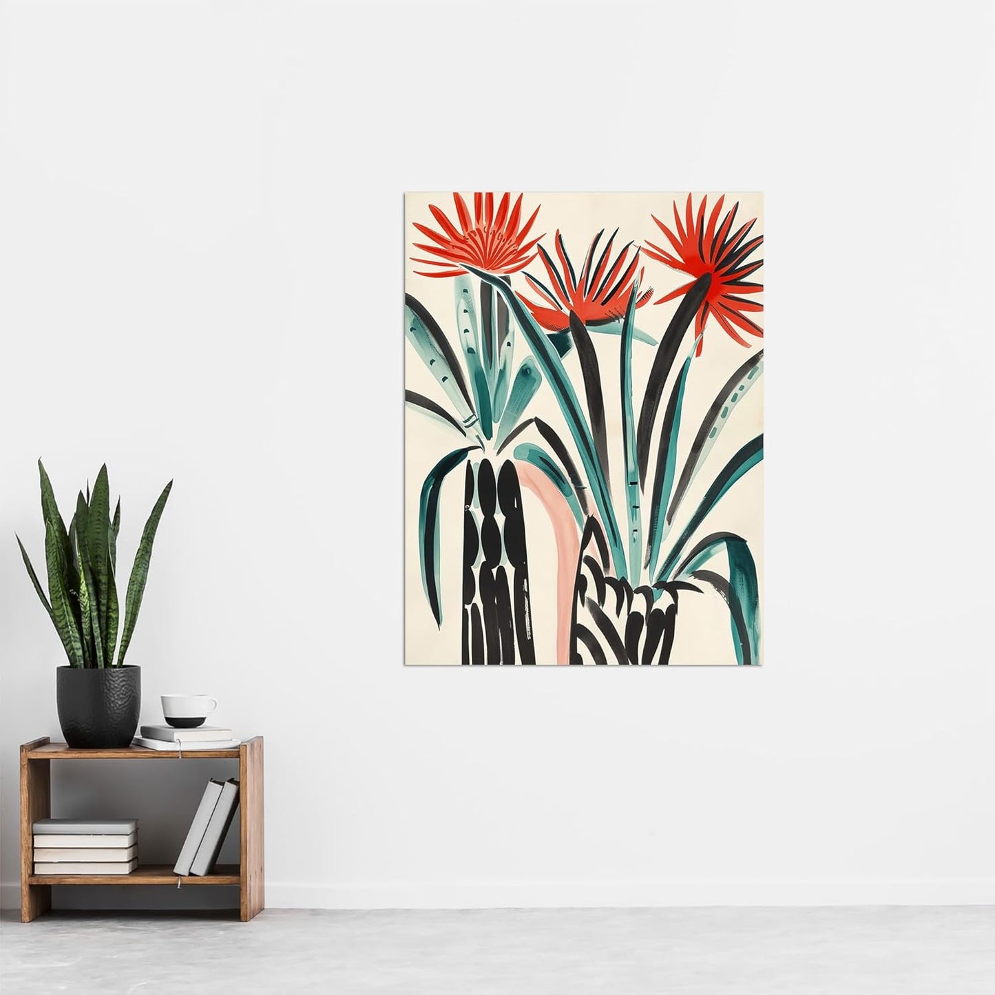 Artery8 Abstract Red Dahlia Flowers in Vases Painting Living Room Artwork Framed Wall Art Print 18X24 Inch