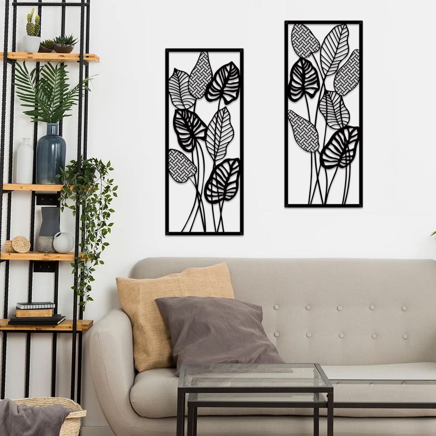 ruelen Wall Decor 2 Pcs Metal Leaf Wall Art, Modern Minimalist Black Metal Leaf Hanging Decor Rustic Farmhouse Wall Decor for Home Living Room Bedroom Bathroom Hallway Office