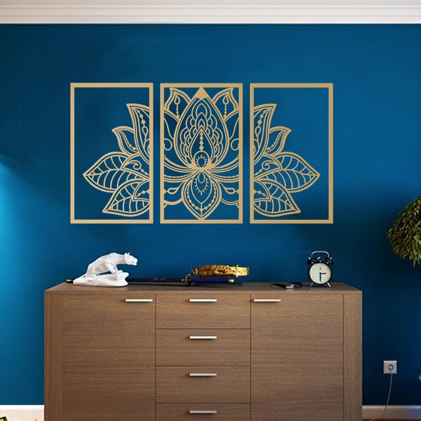 ESTART Large Lotus Flower Metal Wall Art 3-piece Set, Religion Faith Mandala Home Wall Decoration for Living Room, Bedroom, Office and Yoga Room (Gold, Large)