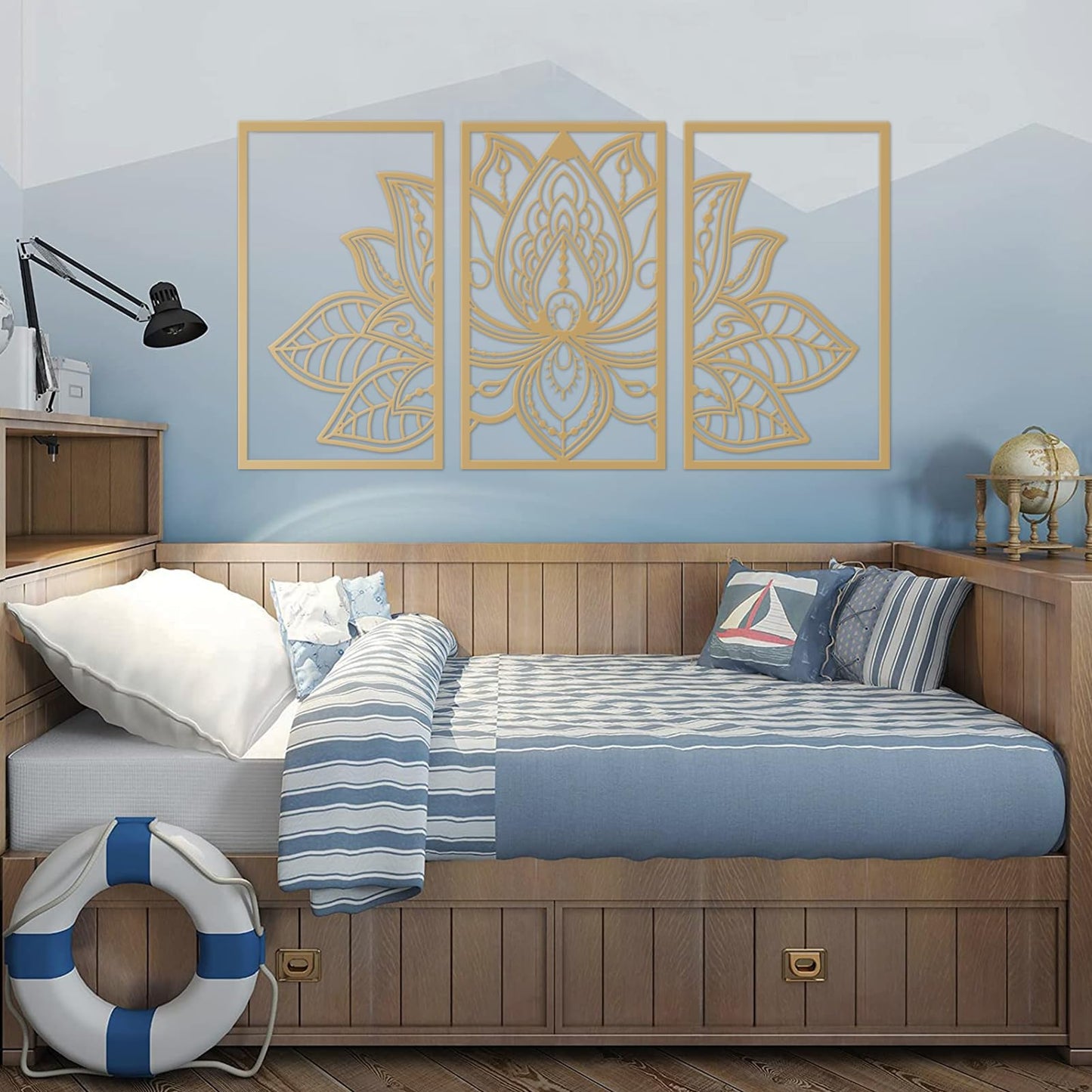 ESTART Large Lotus Flower Metal Wall Art 3-piece Set, Religion Faith Mandala Home Wall Decoration for Living Room, Bedroom, Office and Yoga Room (Gold, Large)