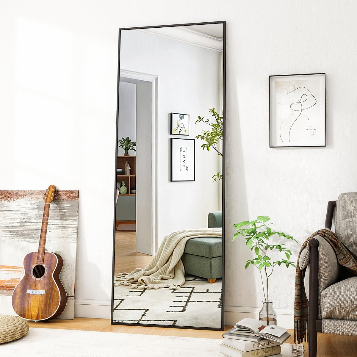 Koonmi 76x171 cm Mirror Full Length - Minimalist Modern Full Body Floor Length Mirror - Standing, Hanging, Leaning for Living Room, Black