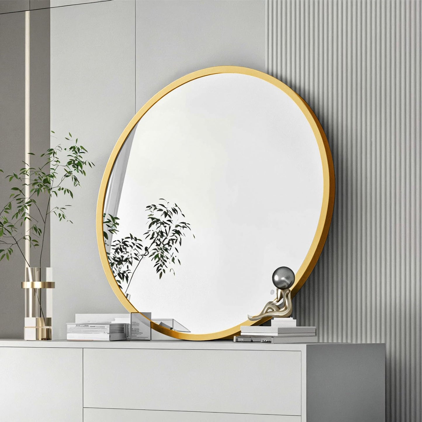 Warmiehomy Round Bathroom Mirror Wall Mounted Makeup Mirror with Frame for Bathroom Dressing Living Room Bedroom (Φ60cm, Gold)