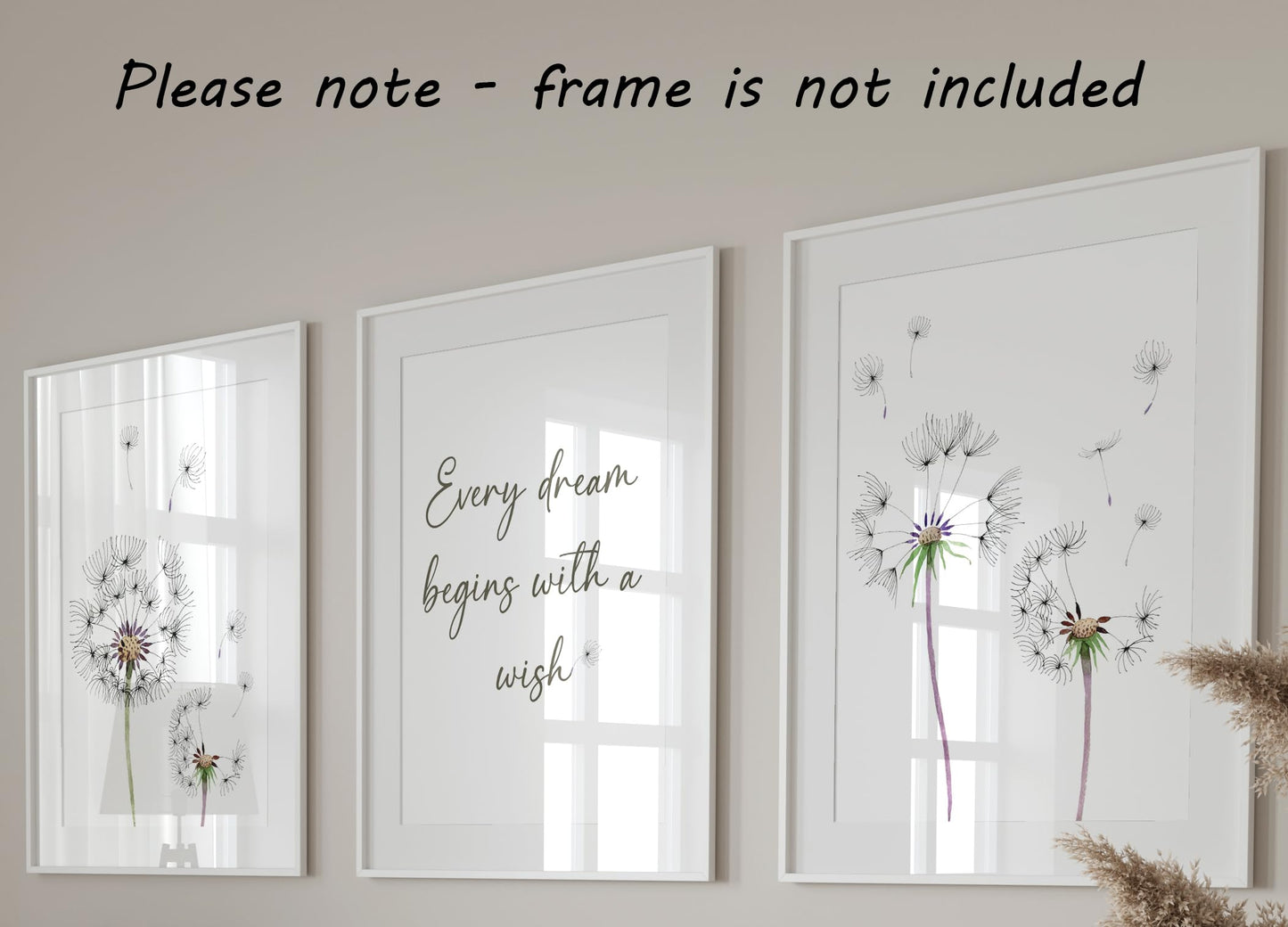 Eviepops Prints Dandelion Quote Wall Art Set of 3 Unframed Prints, Plant Decor, Living Room Bedroom Poster Home Decor, Every Dream Begins with a Wish (A4)