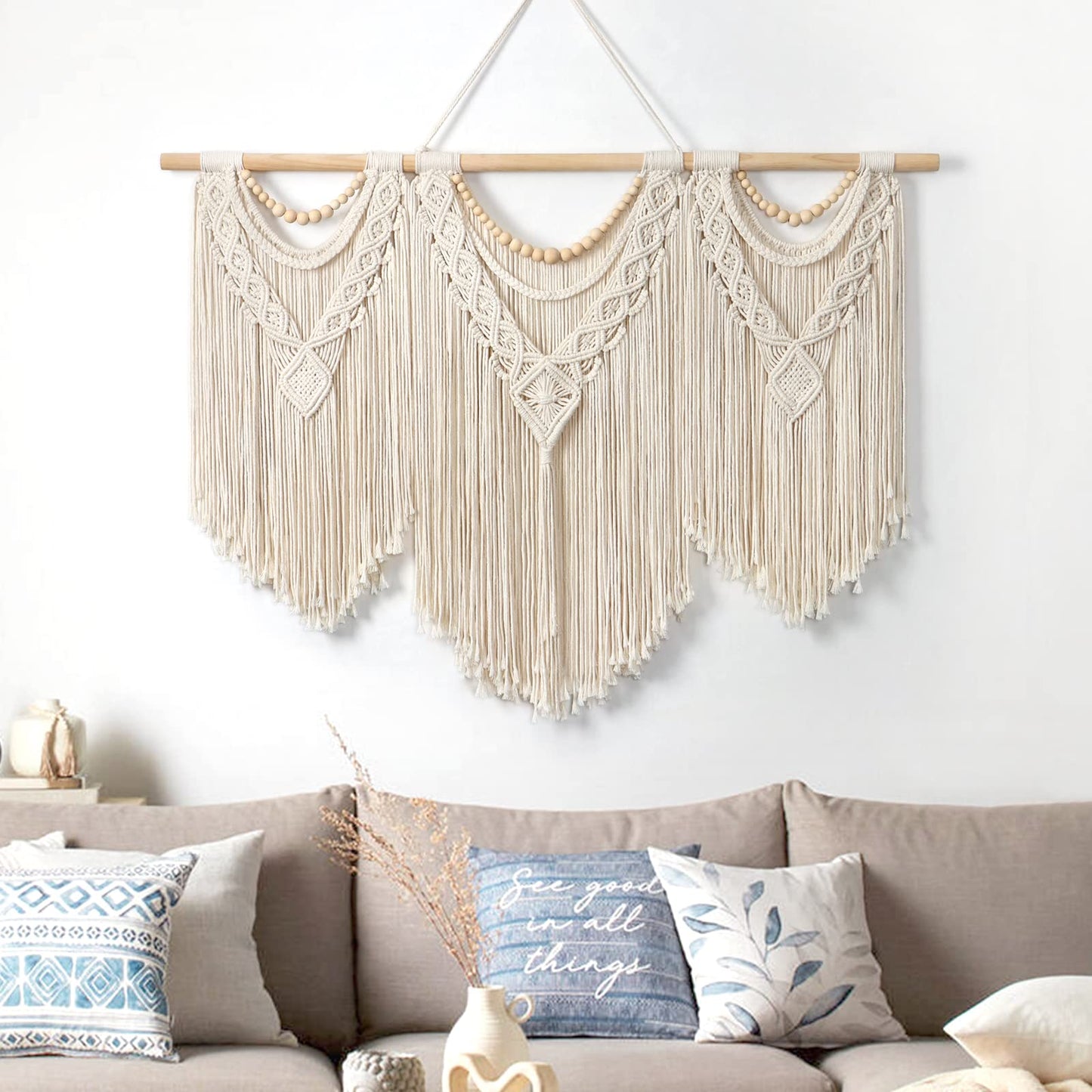 Dremisland Macrame Wall Hanging Large Boho Woven Tapestry Macrame Tassel Bead Art Cotton Rope Bohemian Wall Decor for Bedroom Living Room Apartment Backdrop