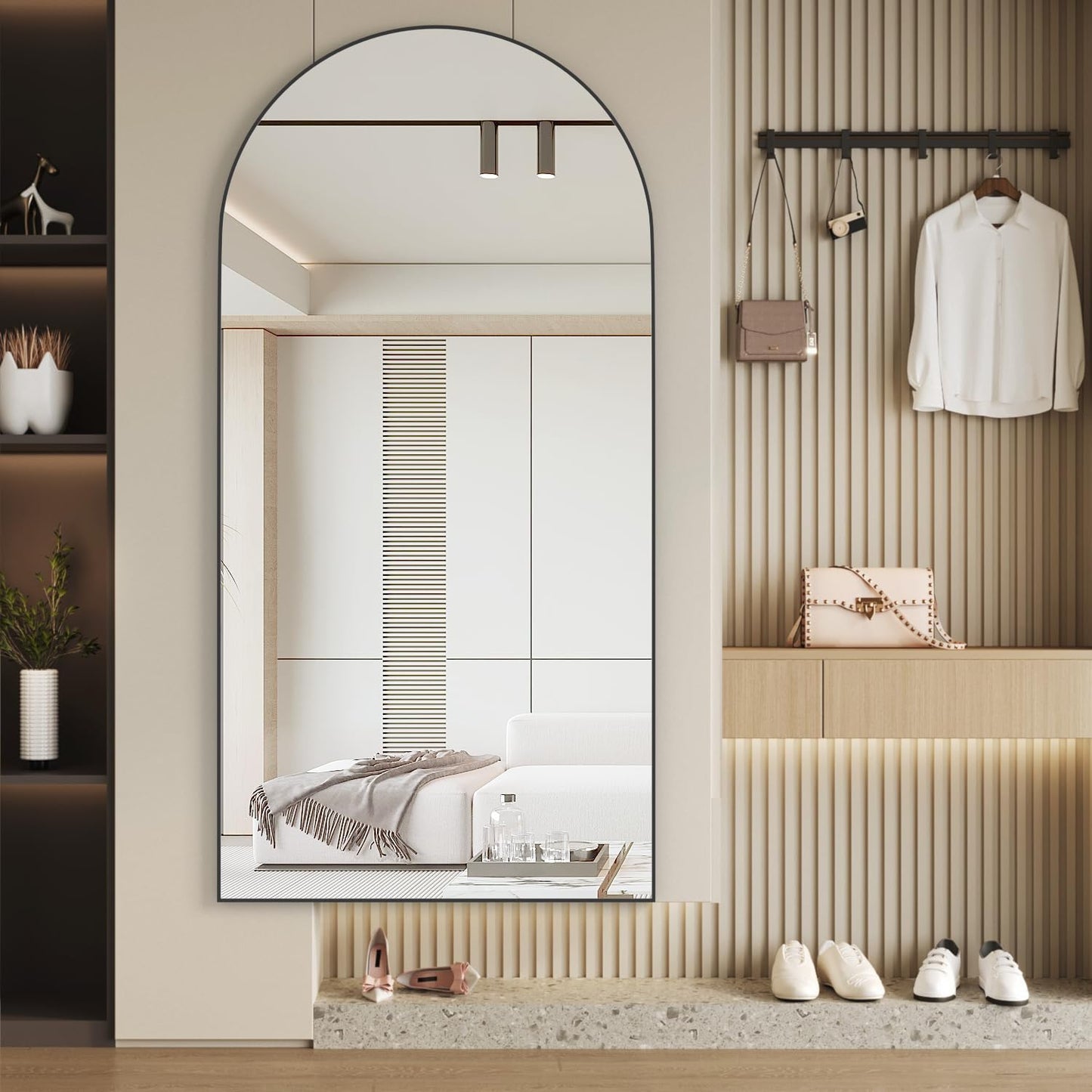 CASSILANDO Full Length Mirror165X60cm Arched Mirror, Black Floor Mirror with Standing Full Body Mirrors Hanging or Leaning Against Wall, for Cloakroom, Bedroom, Livingroom (Black)
