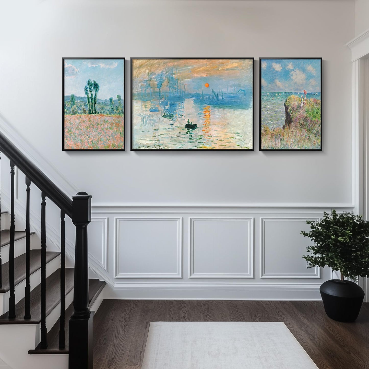 Framed Claude Monet Wall Art for Living Room, 3 Piece Extra Large Monet Canvas Wall Art, Impression Sunrise Artwork for Walls, Mid Century Pictures Prints for Bedroom Hallway Home Office Wall Decor