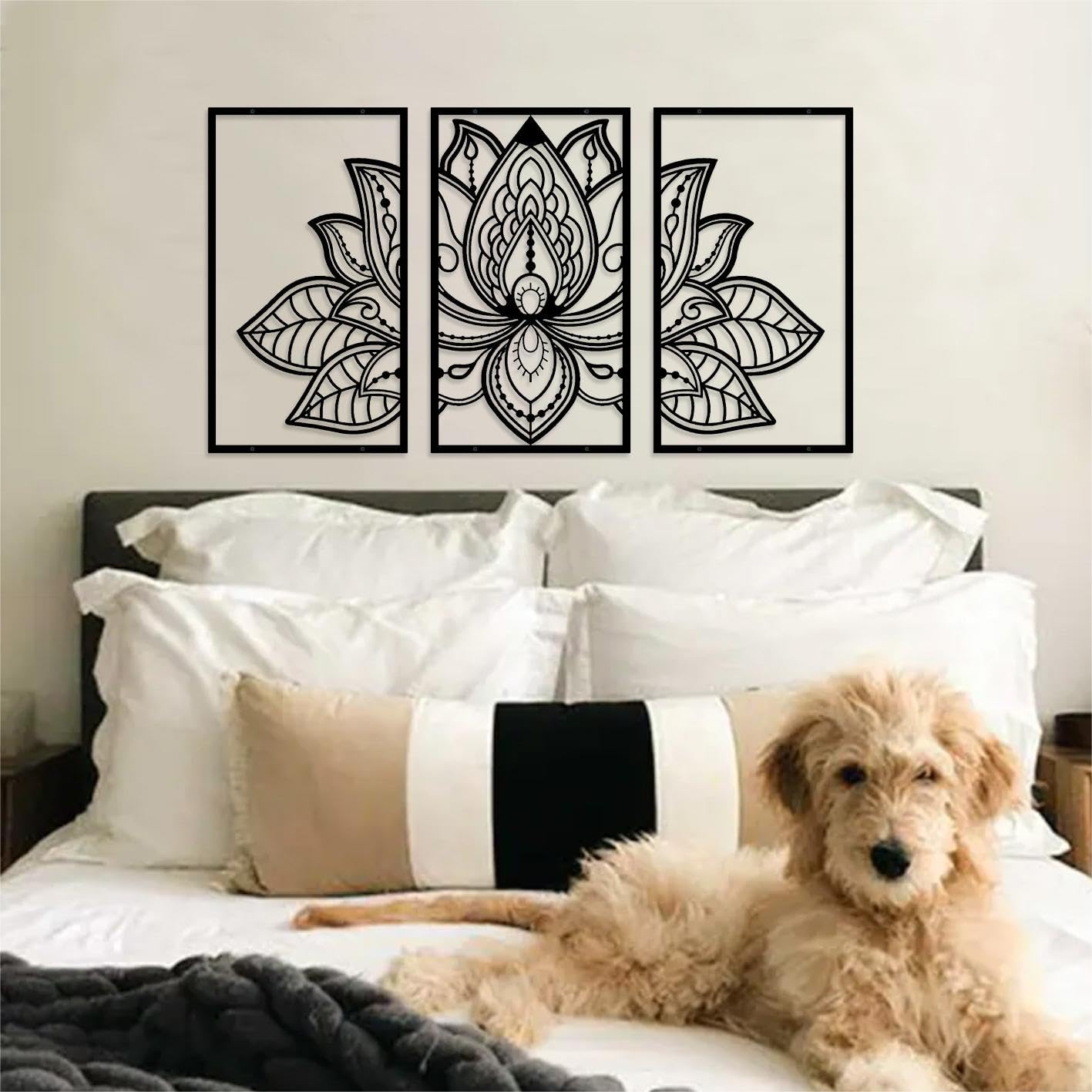 ESTART Large Lotus Flower Metal Wall Art 3-piece Set, Religion Faith Mandala Home Wall Decoration for Living Room, Bedroom, Office and Yoga Room (Gold, Large)