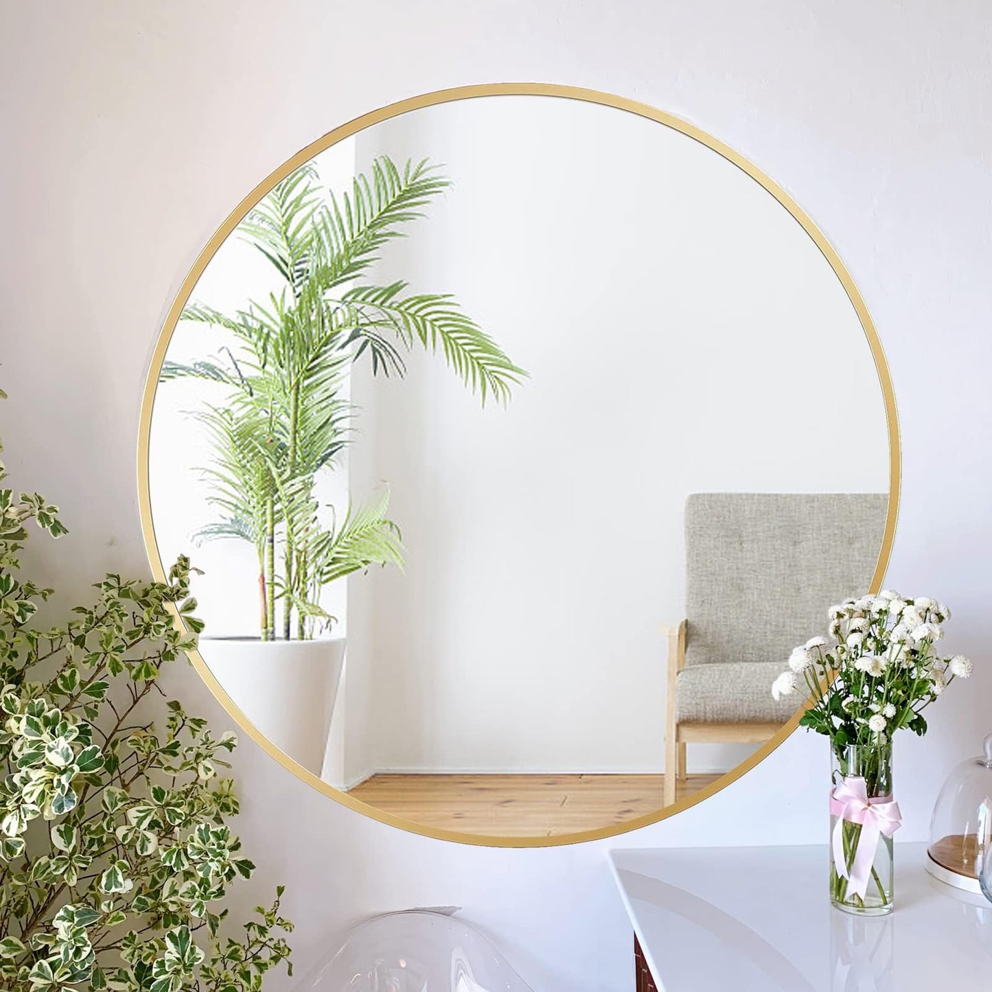 ZENIDA Round Mirror for Wall, 80x80 cm Metal Framed Circle, Large Bathroom, Gold for Living Room, Bedroom, Entryway Decor