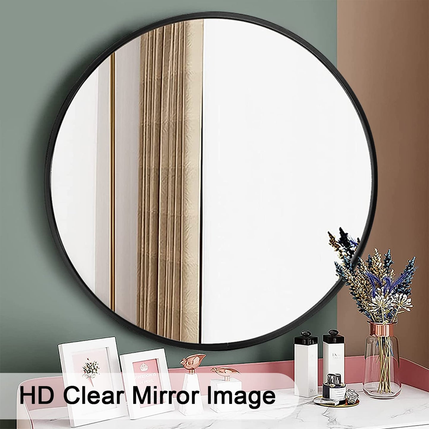 Warmiehomy Round Bathroom Mirror Wall Mounted Makeup Mirror with Frame for Bathroom Dressing Living Room Bedroom (Φ60cm, Gold)