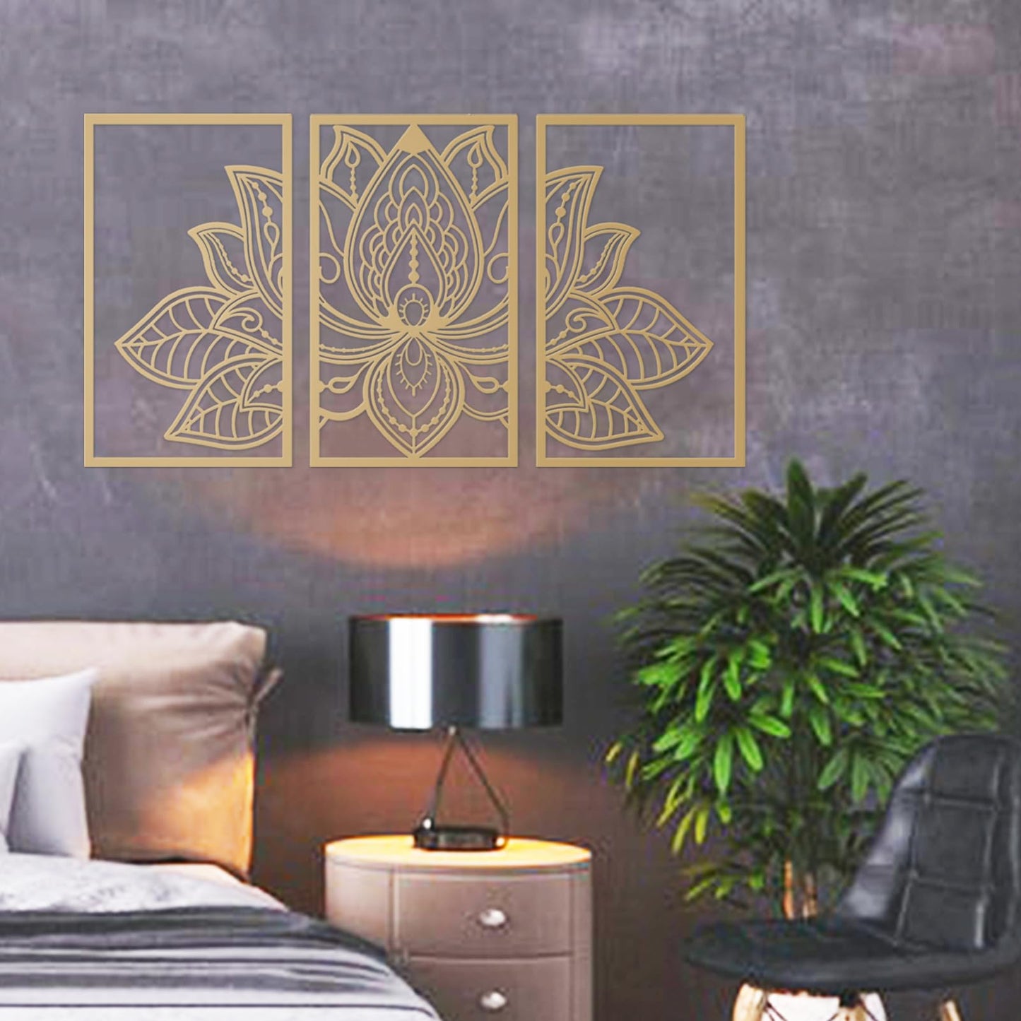 ESTART Large Lotus Flower Metal Wall Art 3-piece Set, Religion Faith Mandala Home Wall Decoration for Living Room, Bedroom, Office and Yoga Room (Gold, Large)
