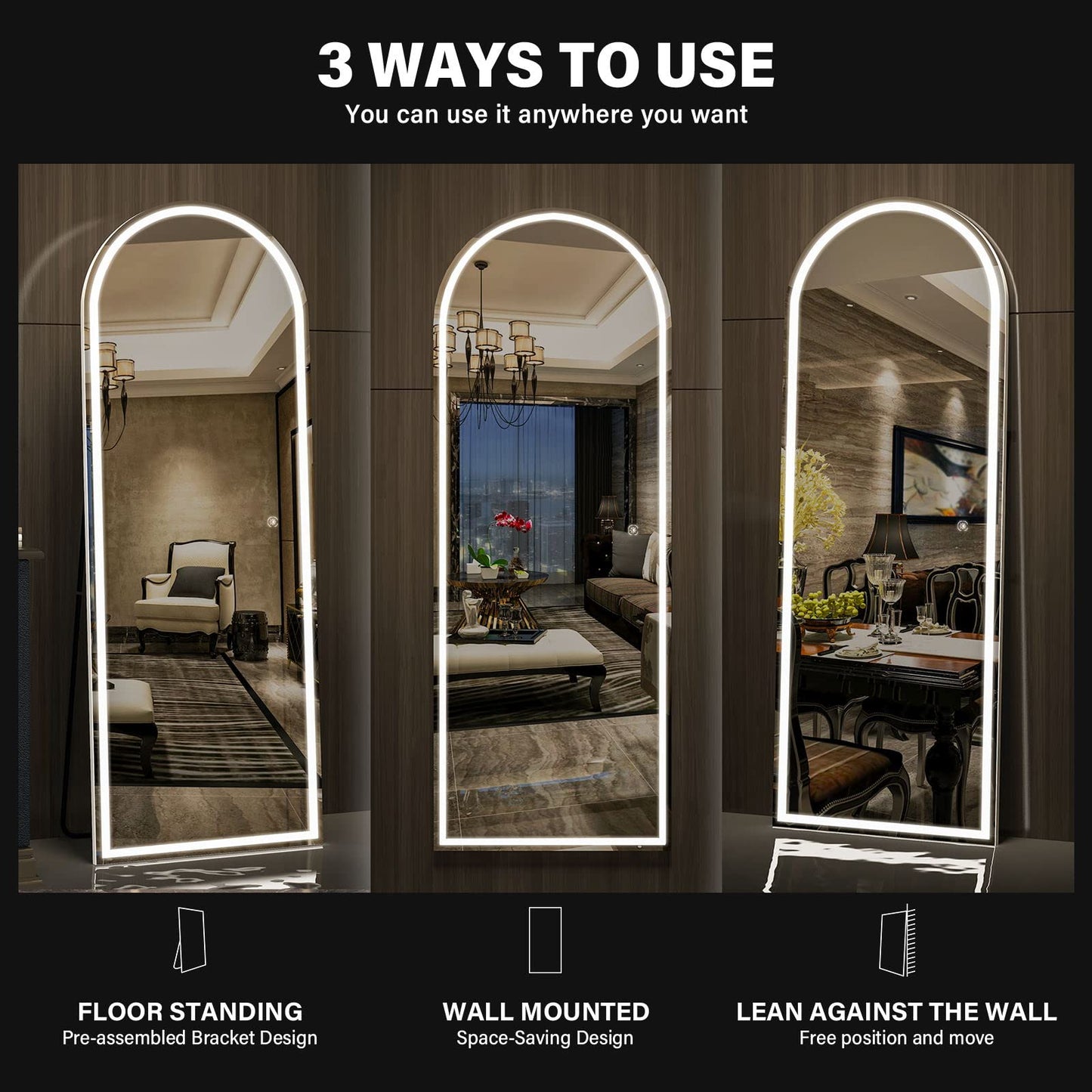 CASSILANDO Full Length Mirror165X60cm Arched Mirror, Black Floor Mirror with Standing Full Body Mirrors Hanging or Leaning Against Wall, for Cloakroom, Bedroom, Livingroom (Black)