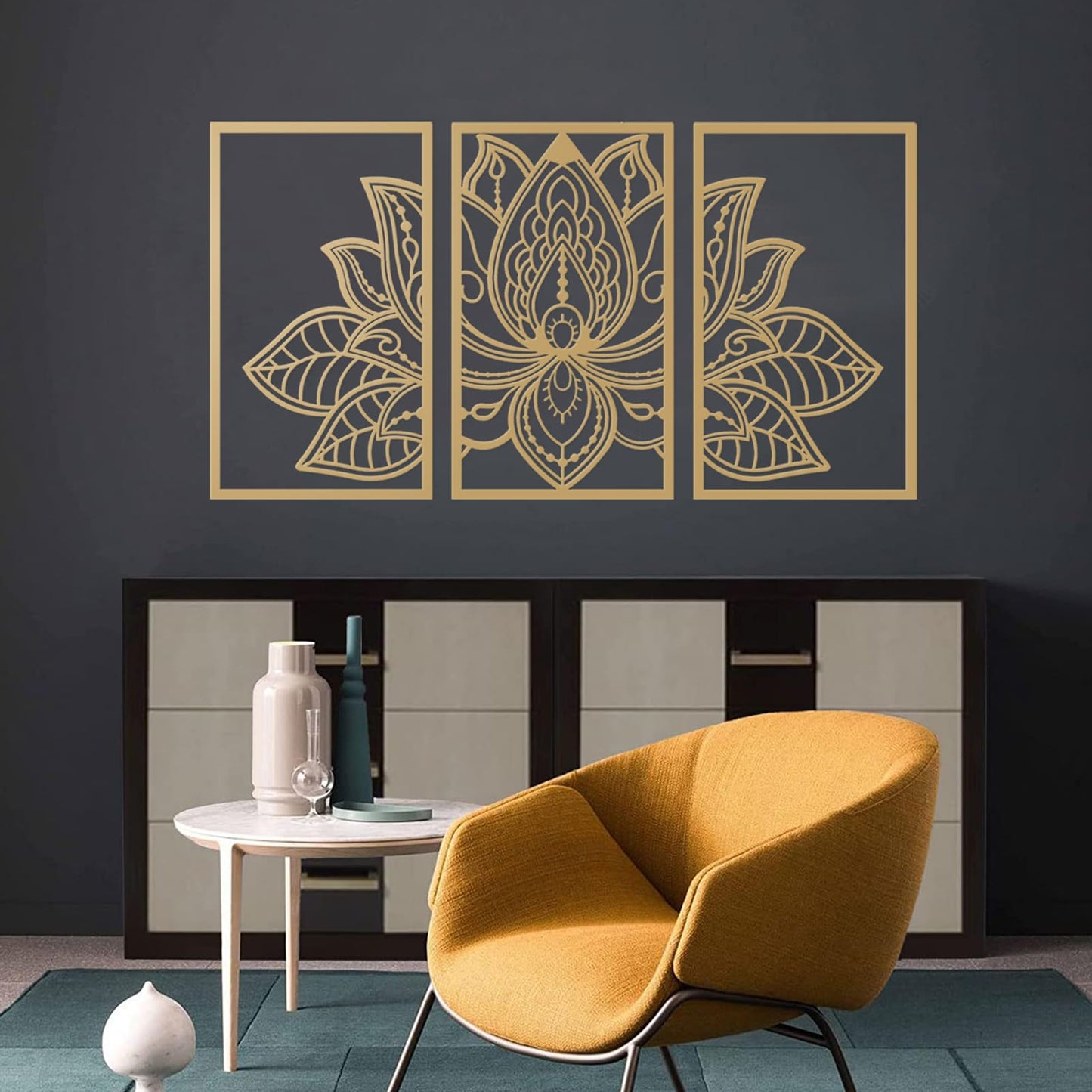 ESTART Large Lotus Flower Metal Wall Art 3-piece Set, Religion Faith Mandala Home Wall Decoration for Living Room, Bedroom, Office and Yoga Room (Gold, Large)