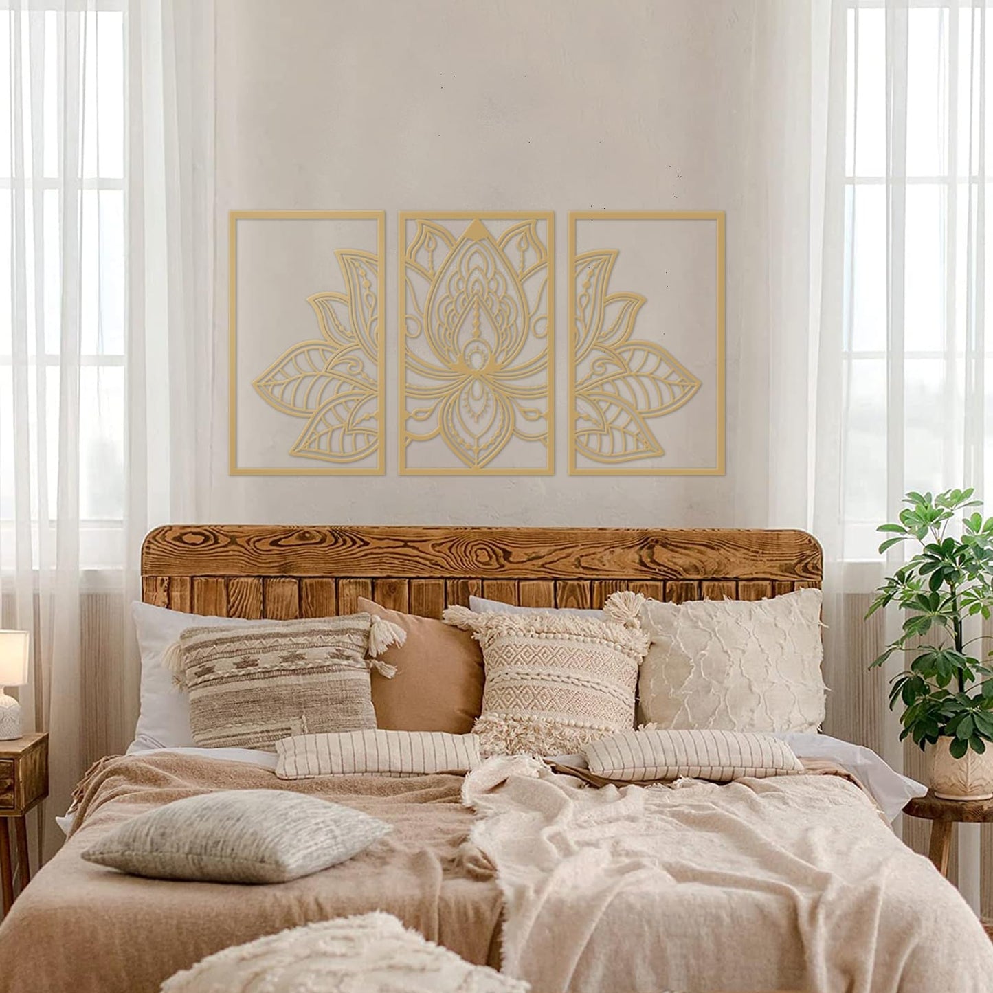 ESTART Large Lotus Flower Metal Wall Art 3-piece Set, Religion Faith Mandala Home Wall Decoration for Living Room, Bedroom, Office and Yoga Room (Gold, Large)