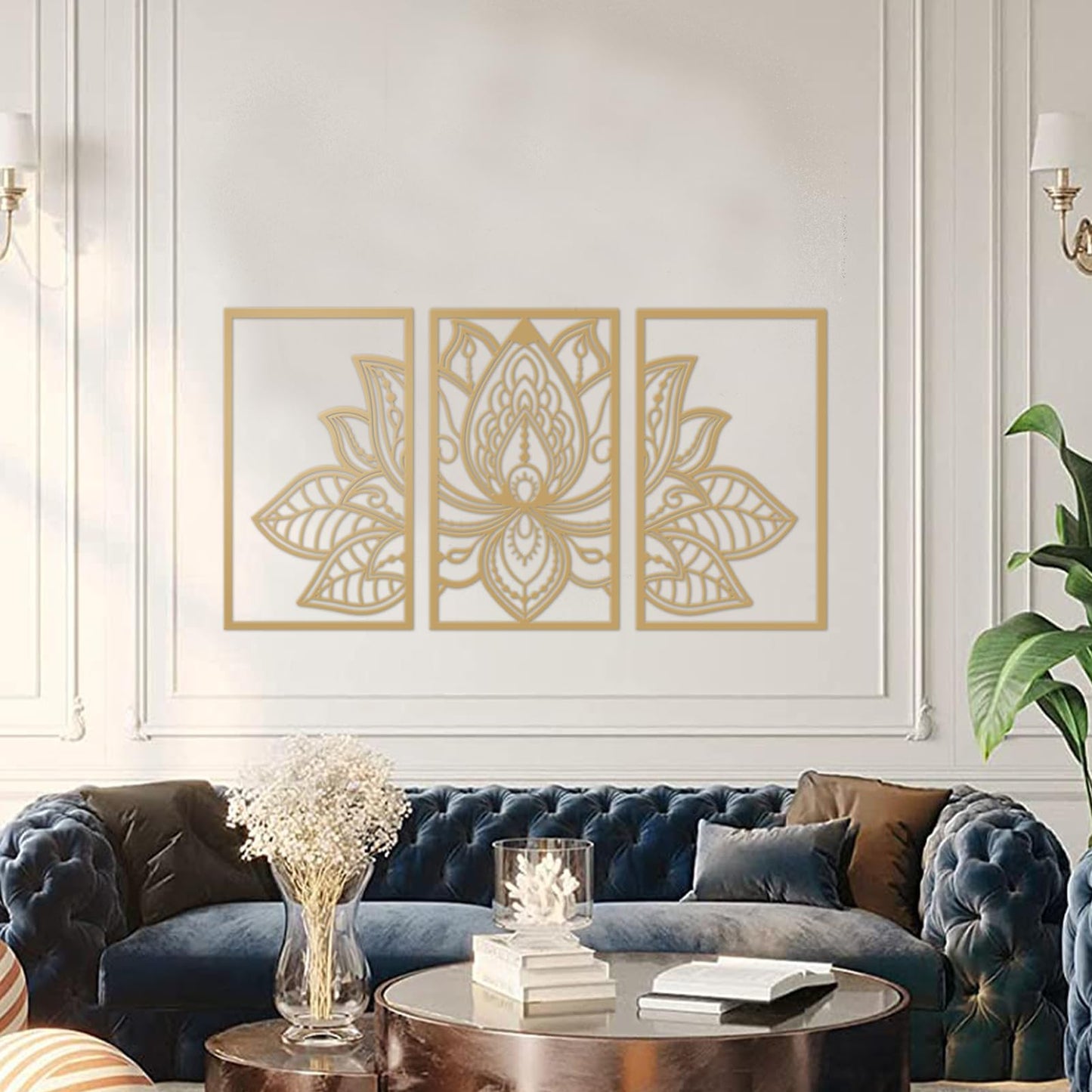 ESTART Large Lotus Flower Metal Wall Art 3-piece Set, Religion Faith Mandala Home Wall Decoration for Living Room, Bedroom, Office and Yoga Room (Gold, Large)