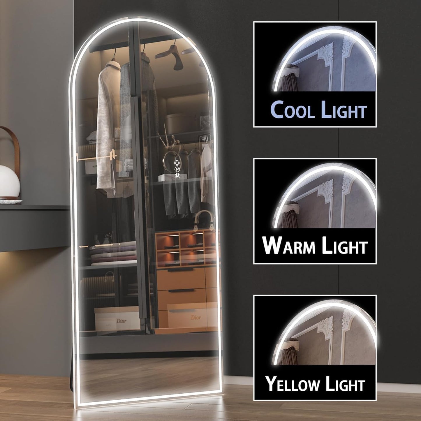 CASSILANDO Full Length Mirror165X60cm Arched Mirror, Black Floor Mirror with Standing Full Body Mirrors Hanging or Leaning Against Wall, for Cloakroom, Bedroom, Livingroom (Black)