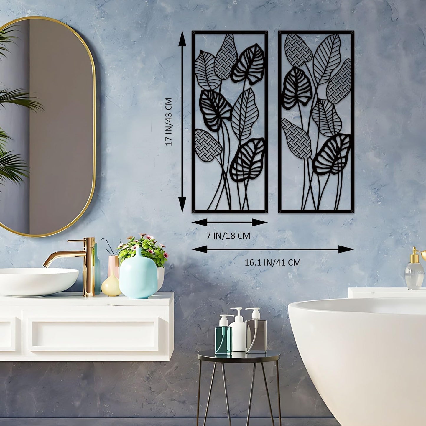 ruelen Wall Decor 2 Pcs Metal Leaf Wall Art, Modern Minimalist Black Metal Leaf Hanging Decor Rustic Farmhouse Wall Decor for Home Living Room Bedroom Bathroom Hallway Office