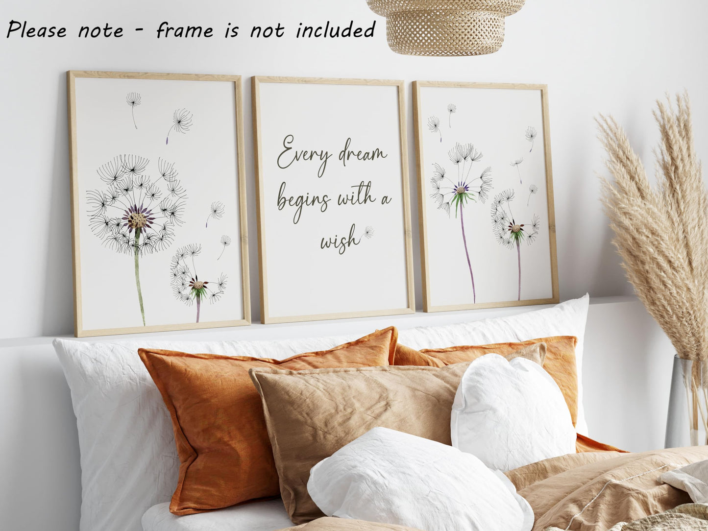 Eviepops Prints Dandelion Quote Wall Art Set of 3 Unframed Prints, Plant Decor, Living Room Bedroom Poster Home Decor, Every Dream Begins with a Wish (A4)