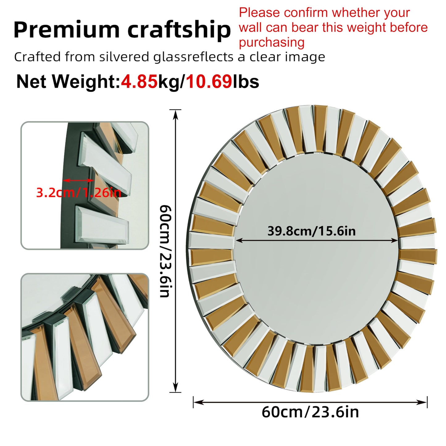 Hallway Art Wall Mirror Decorative: Round Golden and Silver Hung Mirrors 60cm 80cm