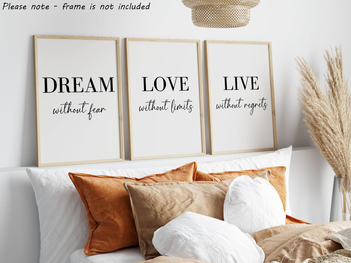Dream Love Live Quotes set of 3 Unframed Prints, Home Decor Wall Art, Dream Without Fear, Love Without Limits, Live Without Regrets (A4)