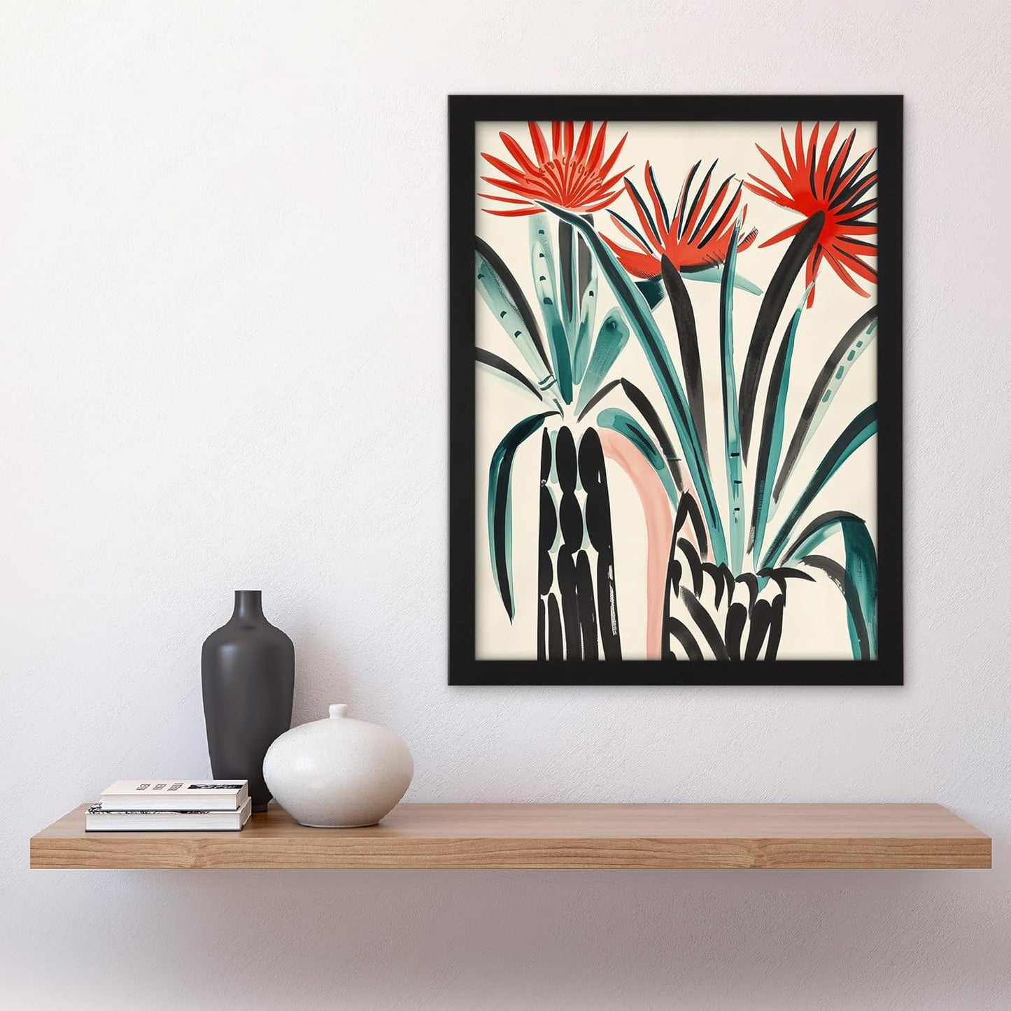 Artery8 Abstract Red Dahlia Flowers in Vases Painting Living Room Artwork Framed Wall Art Print 18X24 Inch