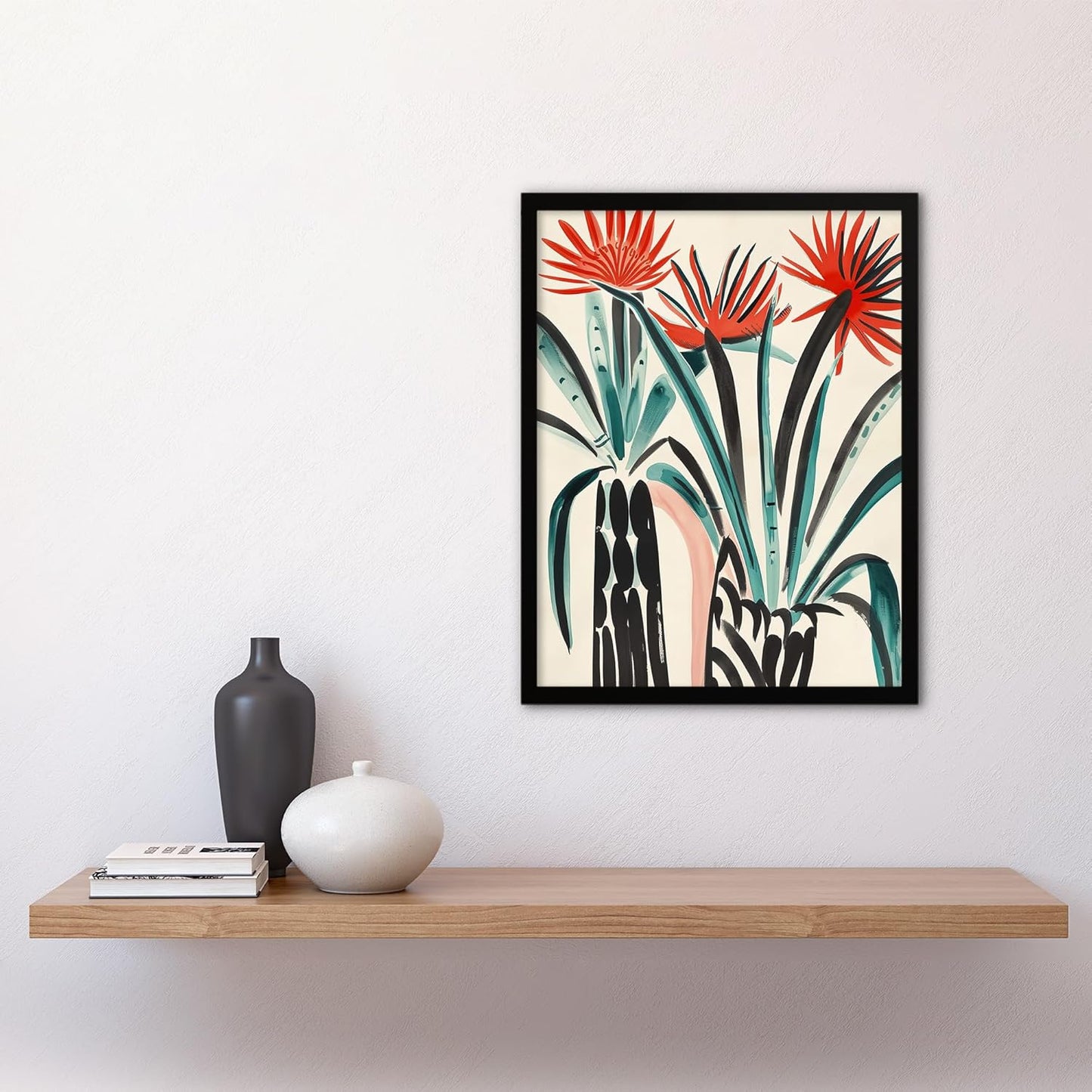 Artery8 Abstract Red Dahlia Flowers in Vases Painting Living Room Artwork Framed Wall Art Print 18X24 Inch
