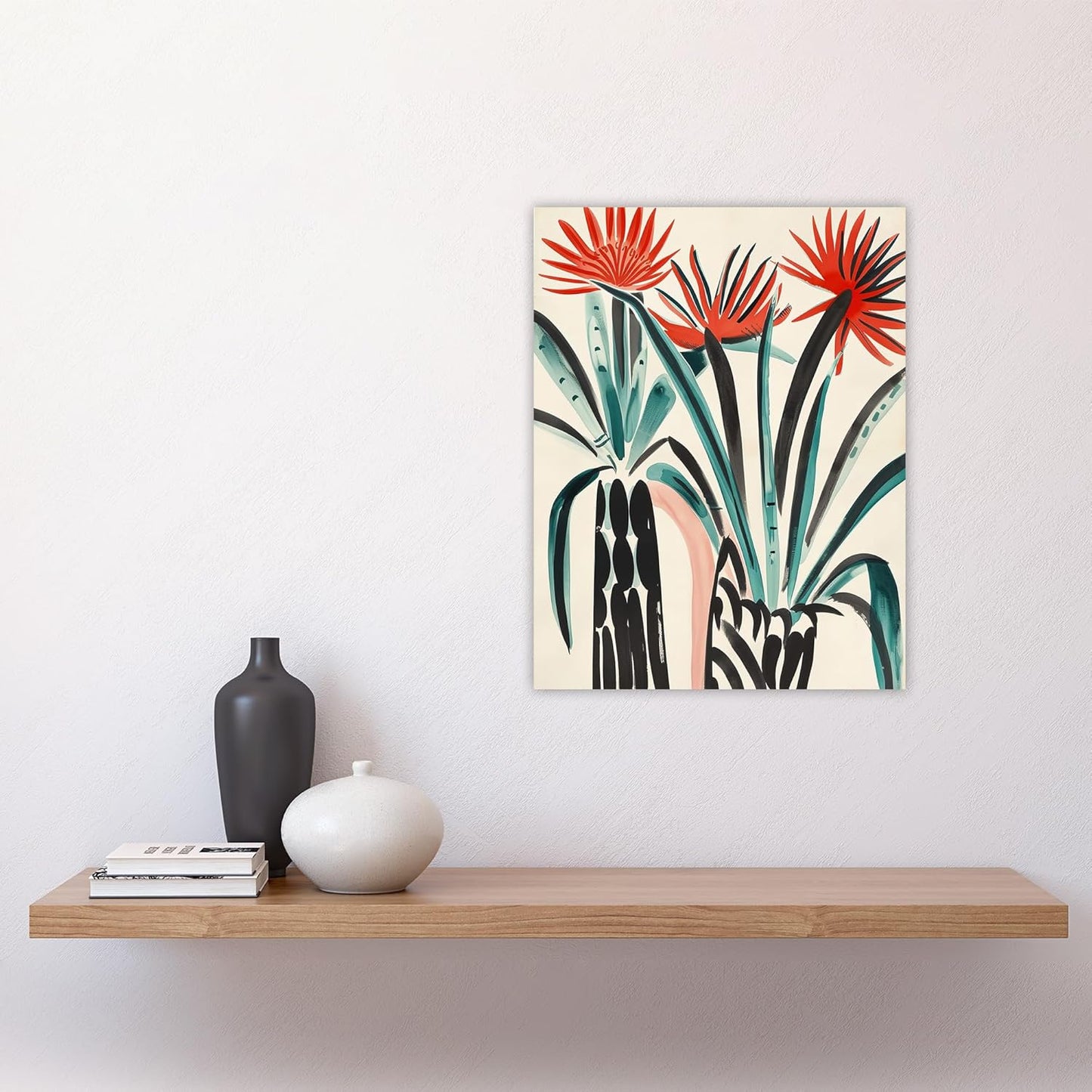 Artery8 Abstract Red Dahlia Flowers in Vases Painting Living Room Artwork Framed Wall Art Print 18X24 Inch