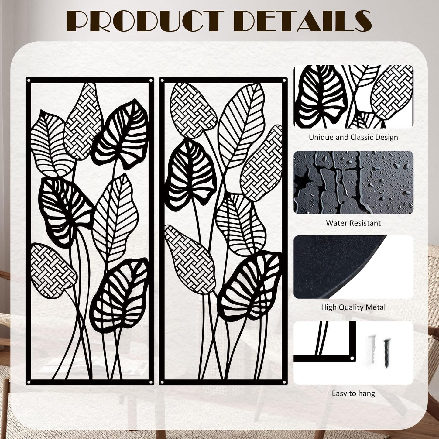 ruelen Wall Decor 2 Pcs Metal Leaf Wall Art, Modern Minimalist Black Metal Leaf Hanging Decor Rustic Farmhouse Wall Decor for Home Living Room Bedroom Bathroom Hallway Office