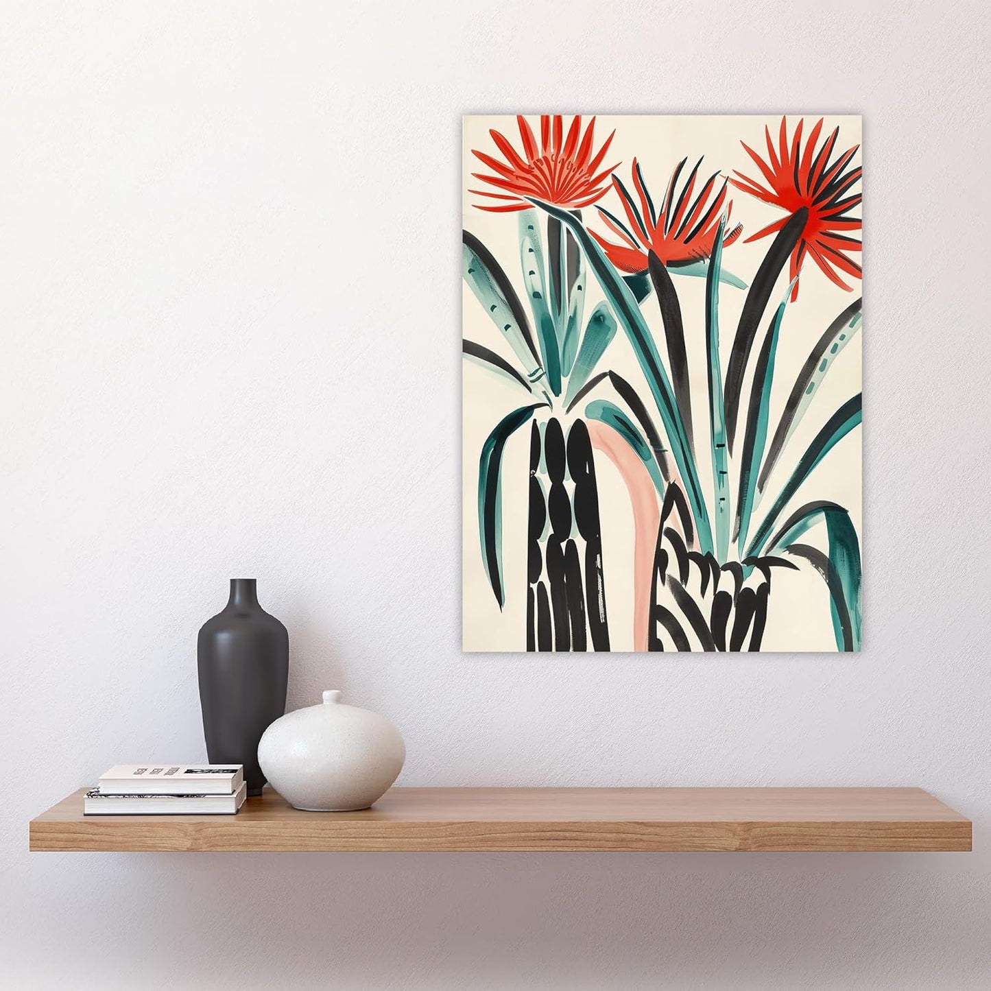 Artery8 Abstract Red Dahlia Flowers in Vases Painting Living Room Artwork Framed Wall Art Print 18X24 Inch