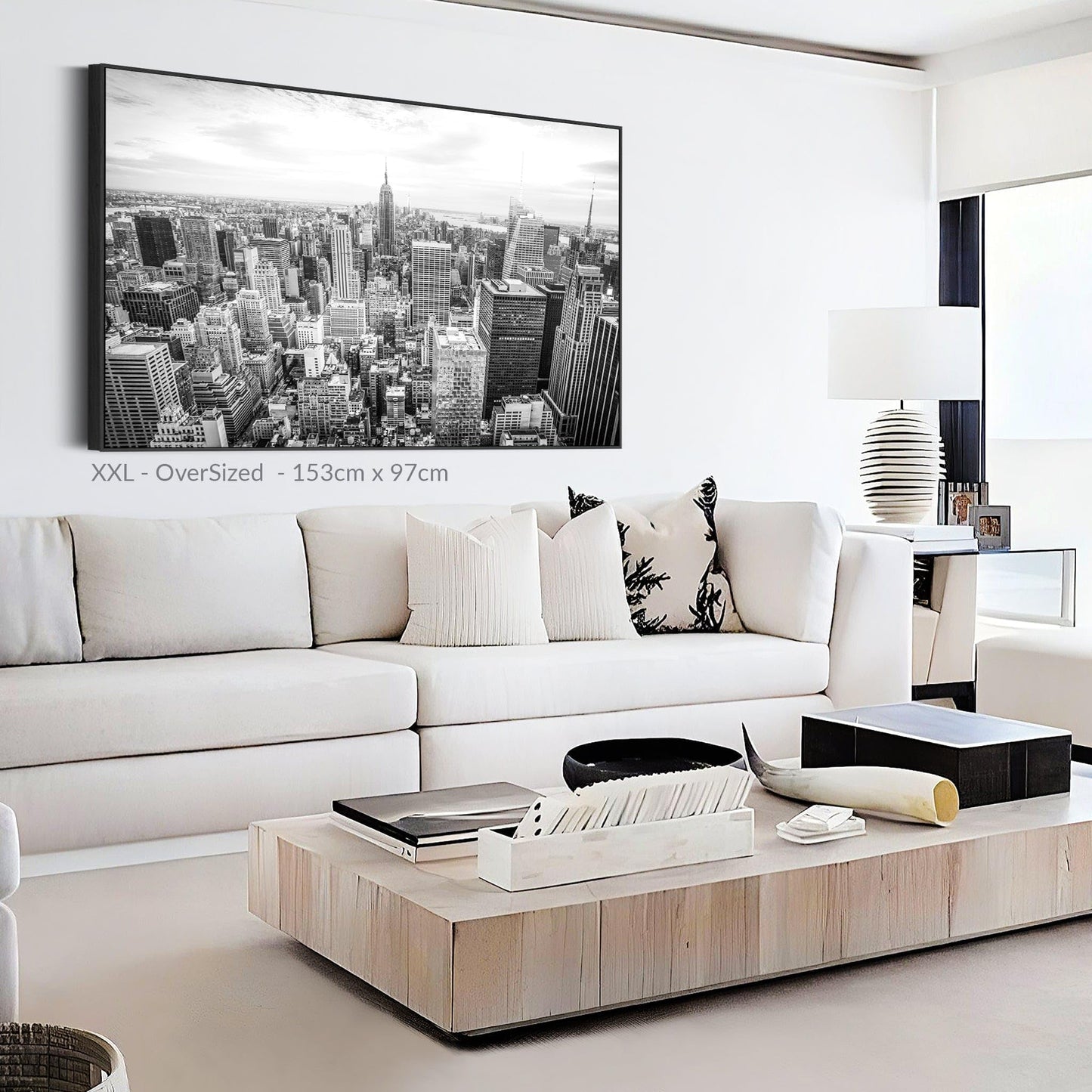 New York Skyline Framed Canvas Wall Art - Black White Picture - FF2104 - XXL - 123cm x 82cm