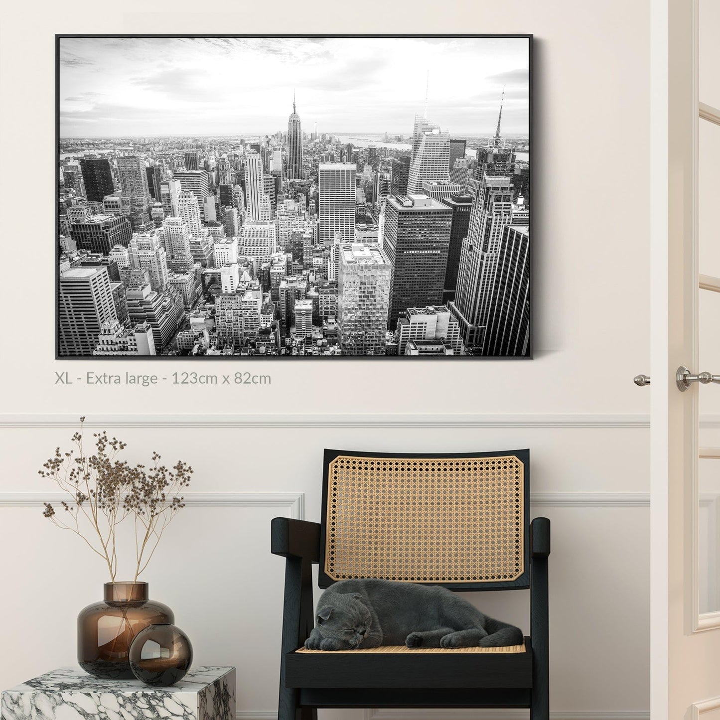 New York Skyline Framed Canvas Wall Art - Black White Picture - FF2104 - XXL - 123cm x 82cm
