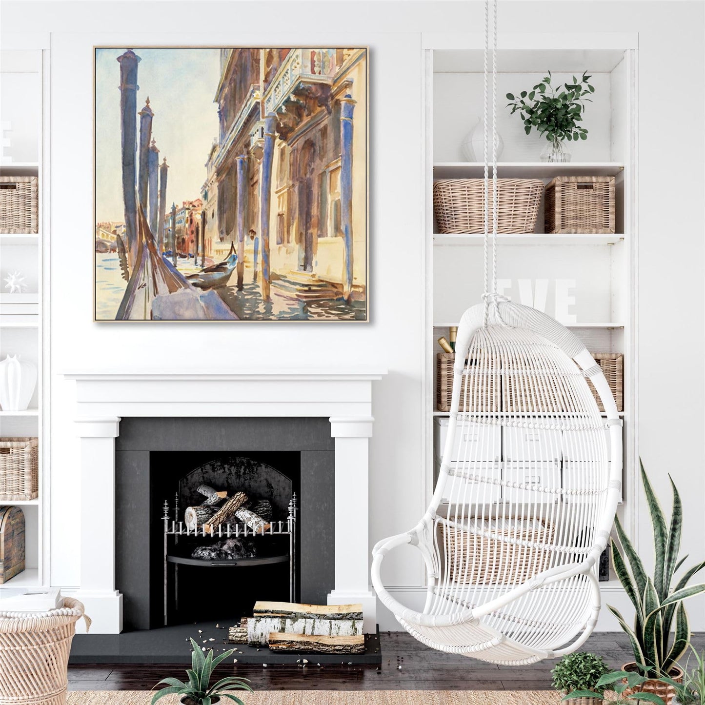 Wallfillers Large John Singer Sargeant Wall Art Framed Canvas Print of Famous Gondola Moorings Venice Painting (100cm x 100cm)