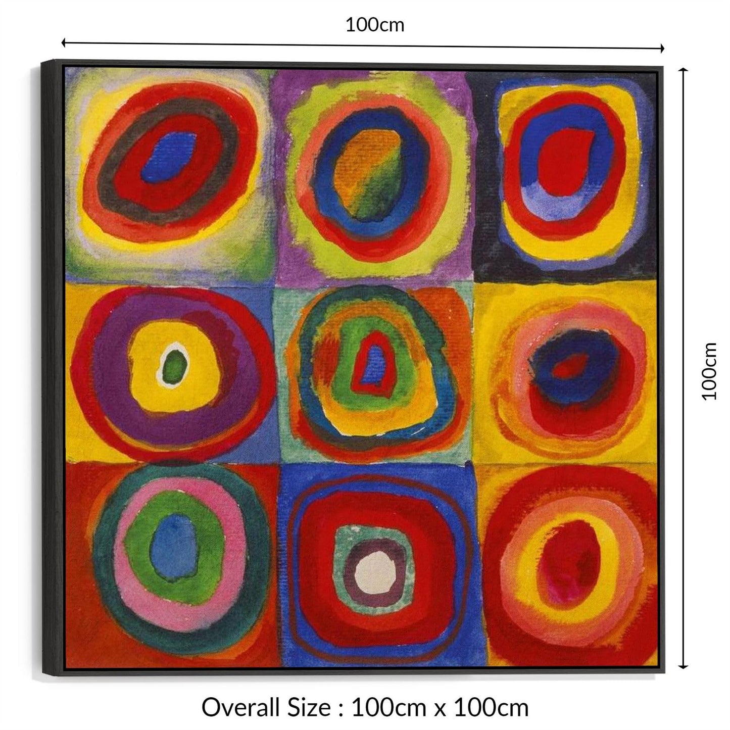 Wallfillers Large Abstract Wassily Kandinsky Wall Art Framed Canvas Print of Squares with Concentric Circles Painting (100cm x 100cm)