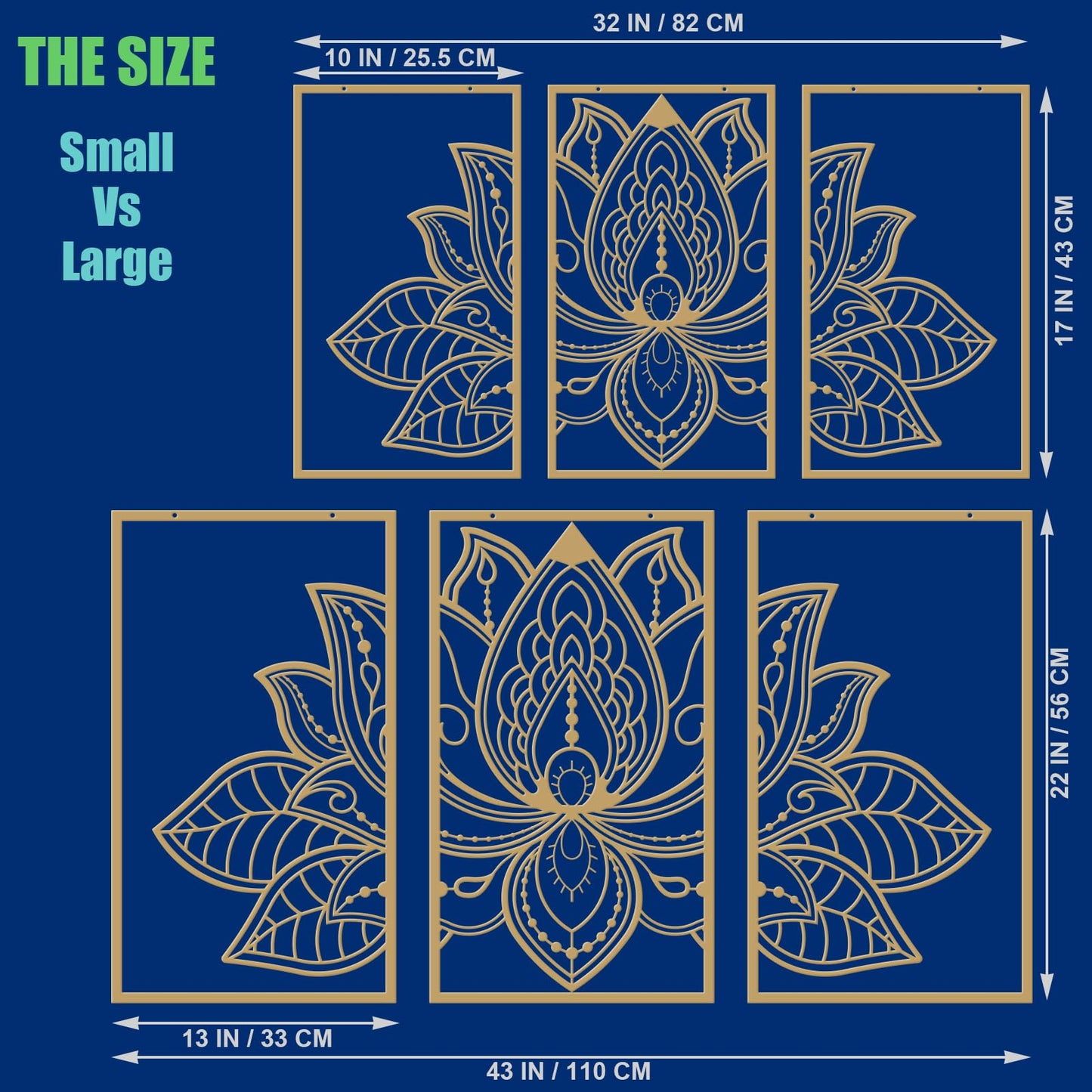 ESTART Large Lotus Flower Metal Wall Art 3-piece Set, Religion Faith Mandala Home Wall Decoration for Living Room, Bedroom, Office and Yoga Room (Gold, Large)