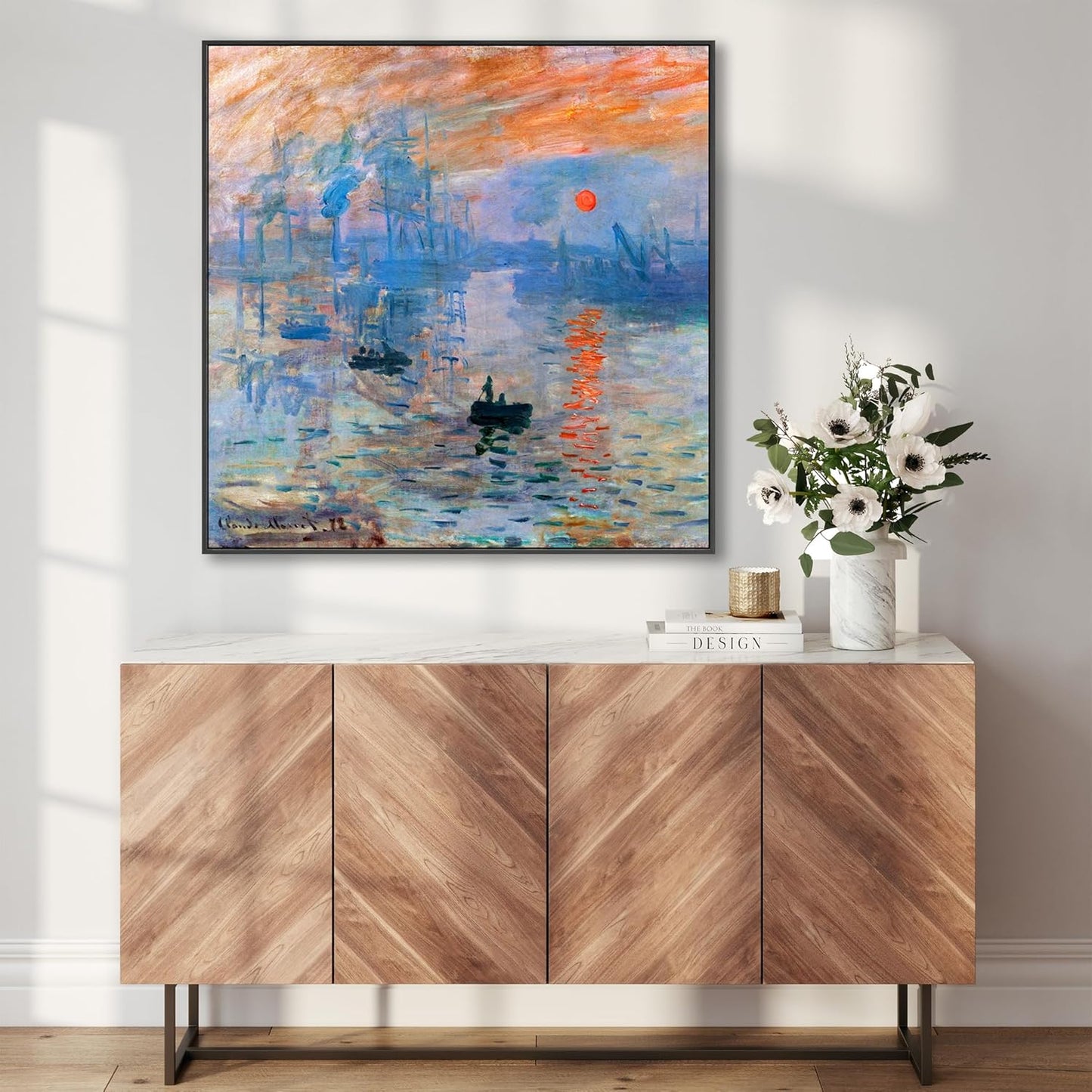 Claude Monet Framed Canvas Wall Art Print - Sunrise - 100cm x 100cm Artwork