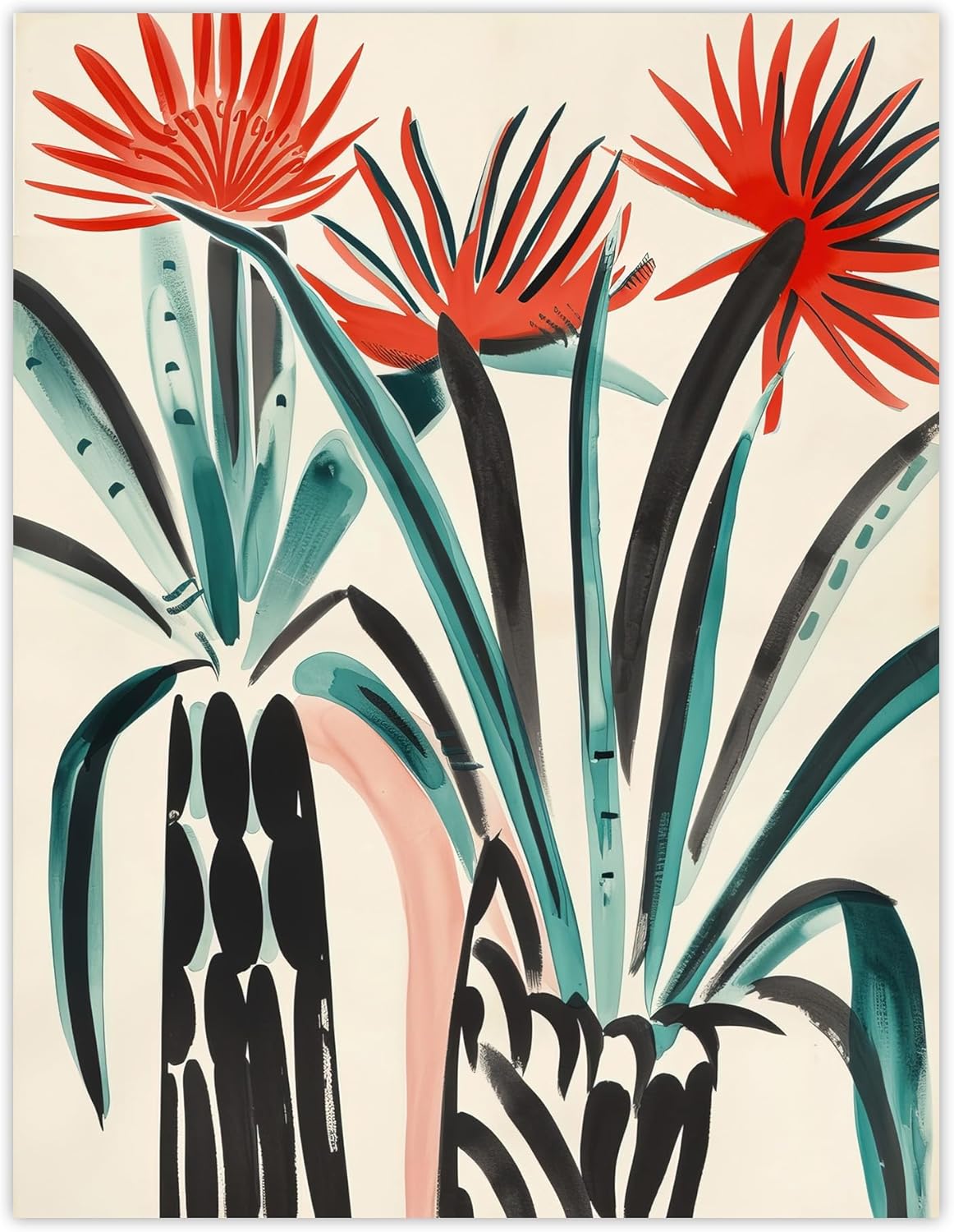 Artery8 Abstract Red Dahlia Flowers in Vases Painting Living Room Artwork Framed Wall Art Print 18X24 Inch