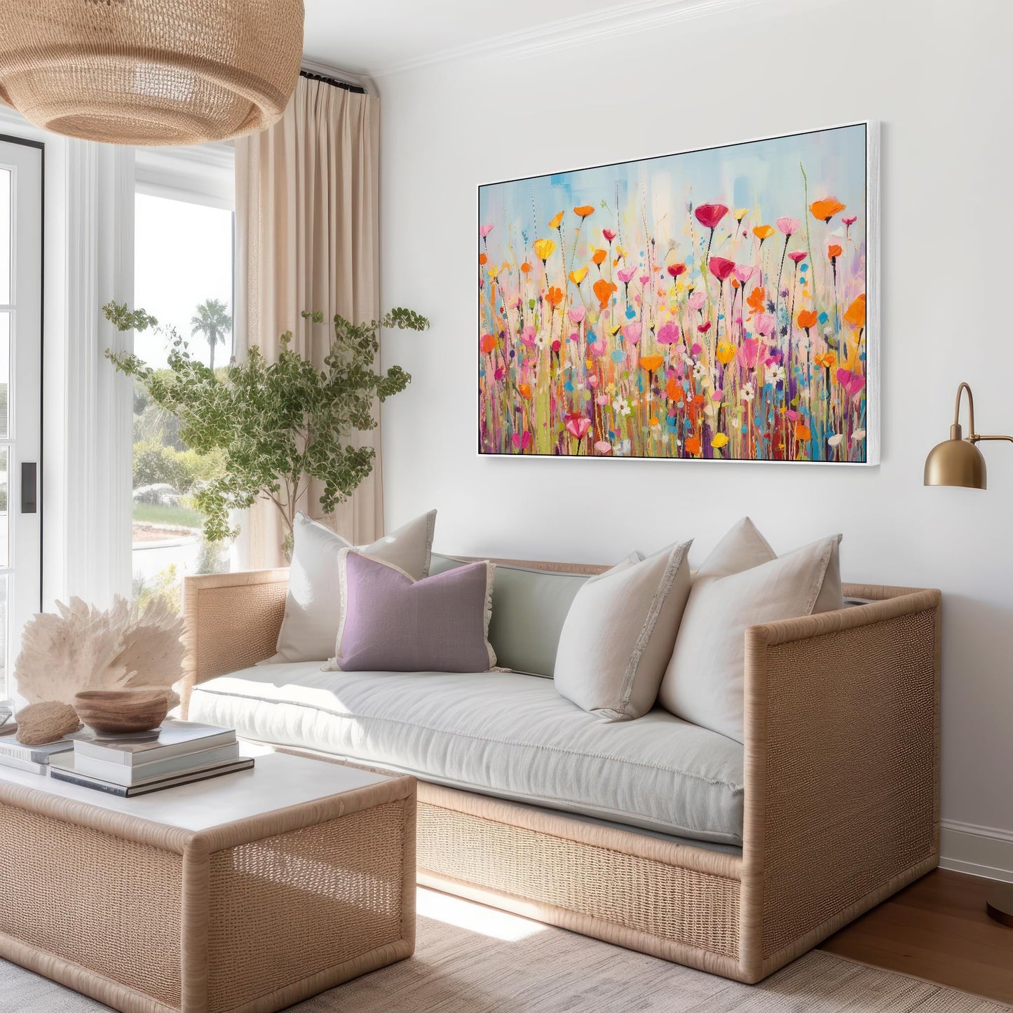 Large Bright Colourful Framed Wall Art for Living Room - Floral Canvas Artwork- FF2119 - XXL - 123cm x 82cm