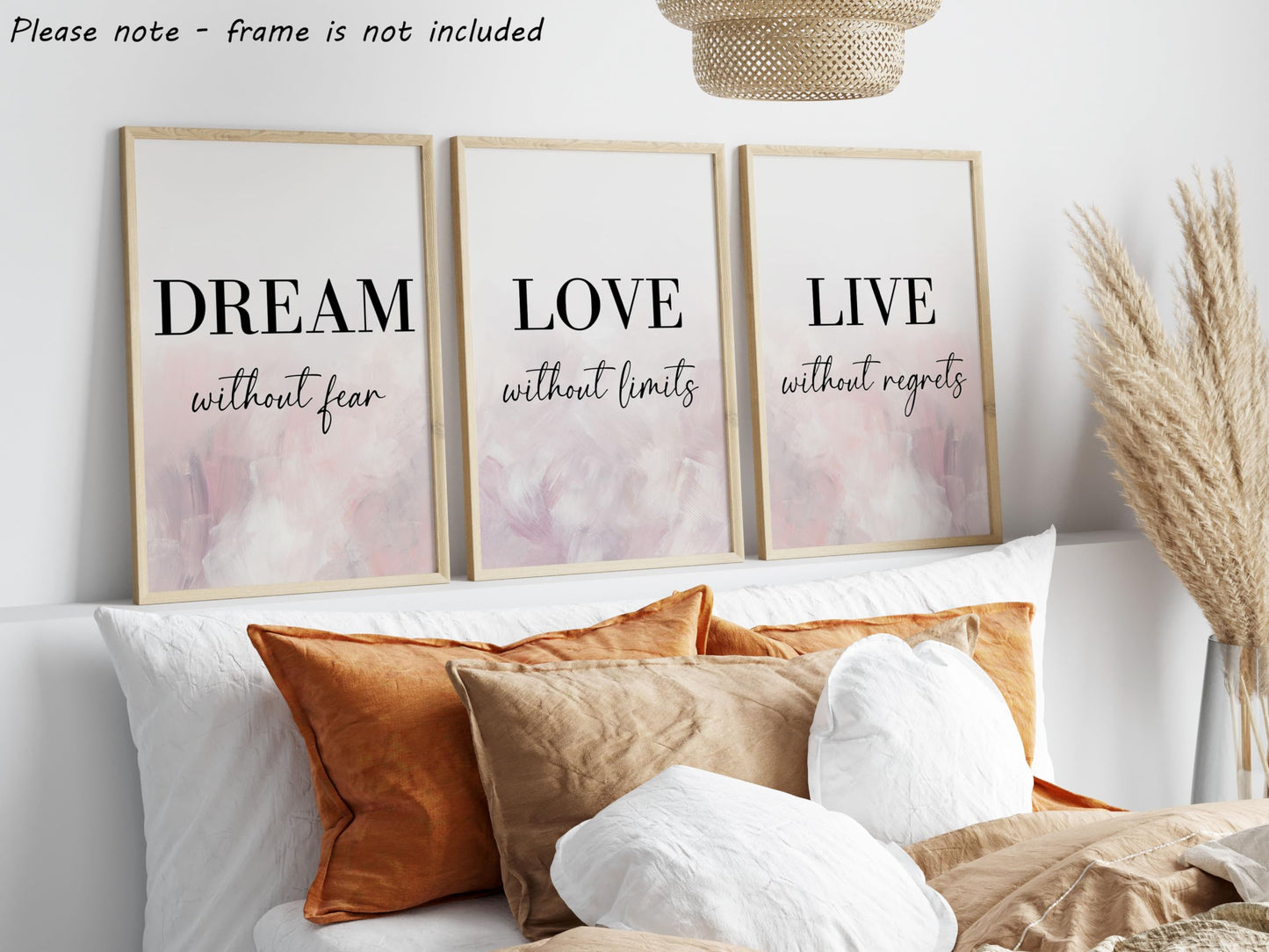 Dream Love Live Quotes set of 3 Unframed Prints, Home Decor Wall Art, Dream Without Fear, Love Without Limits, Live Without Regrets (A4)