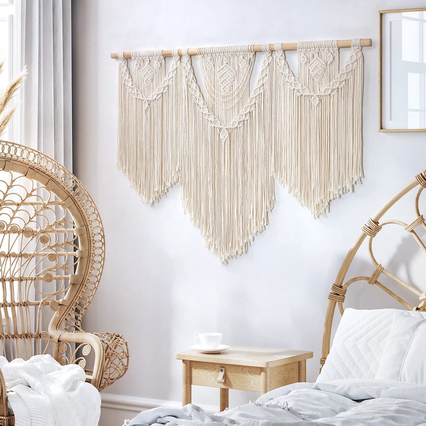 Dremisland Macrame Wall Hanging Large Boho Woven Tapestry Macrame Tassel Bead Art Cotton Rope Bohemian Wall Decor for Bedroom Living Room Apartment Backdrop
