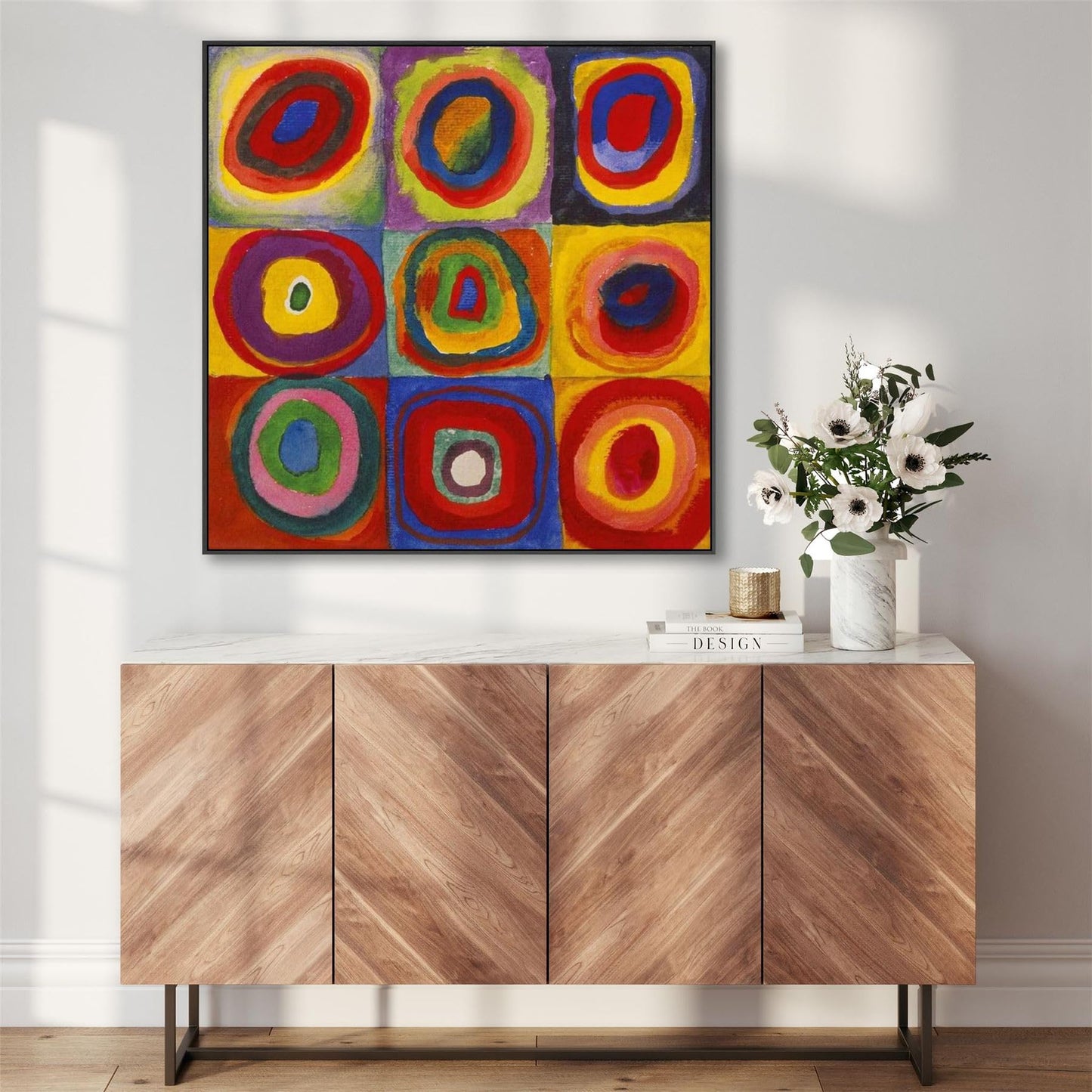 Wallfillers Large Abstract Wassily Kandinsky Wall Art Framed Canvas Print of Squares with Concentric Circles Painting (100cm x 100cm)