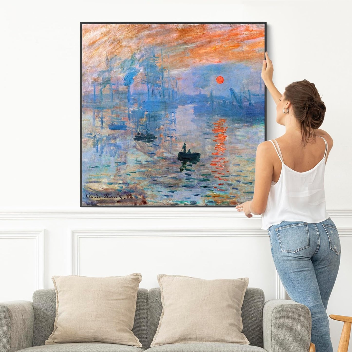 Claude Monet Framed Canvas Wall Art Print - Sunrise - 100cm x 100cm Artwork