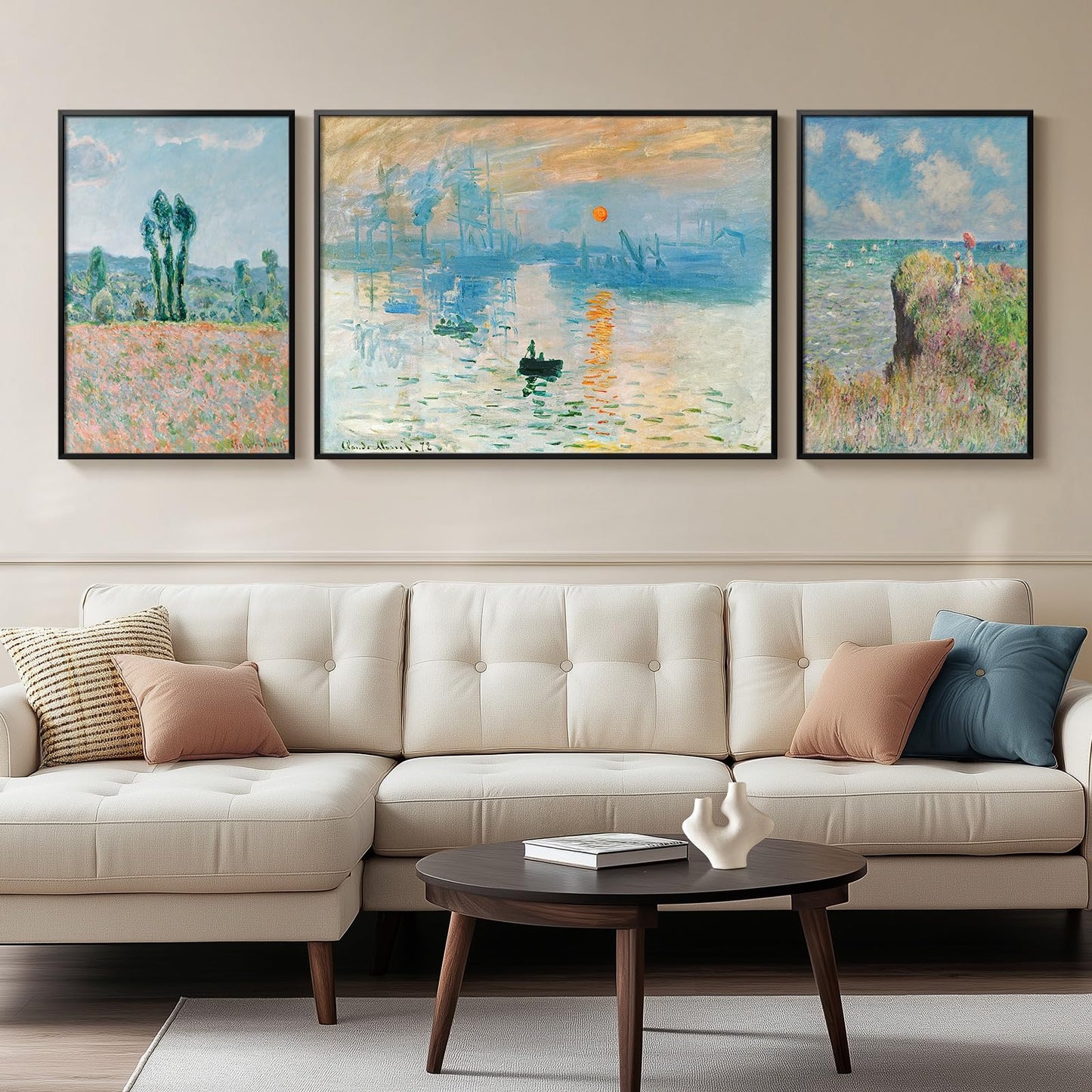 Framed Claude Monet Wall Art for Living Room, 3 Piece Extra Large Monet Canvas Wall Art, Impression Sunrise Artwork for Walls, Mid Century Pictures Prints for Bedroom Hallway Home Office Wall Decor