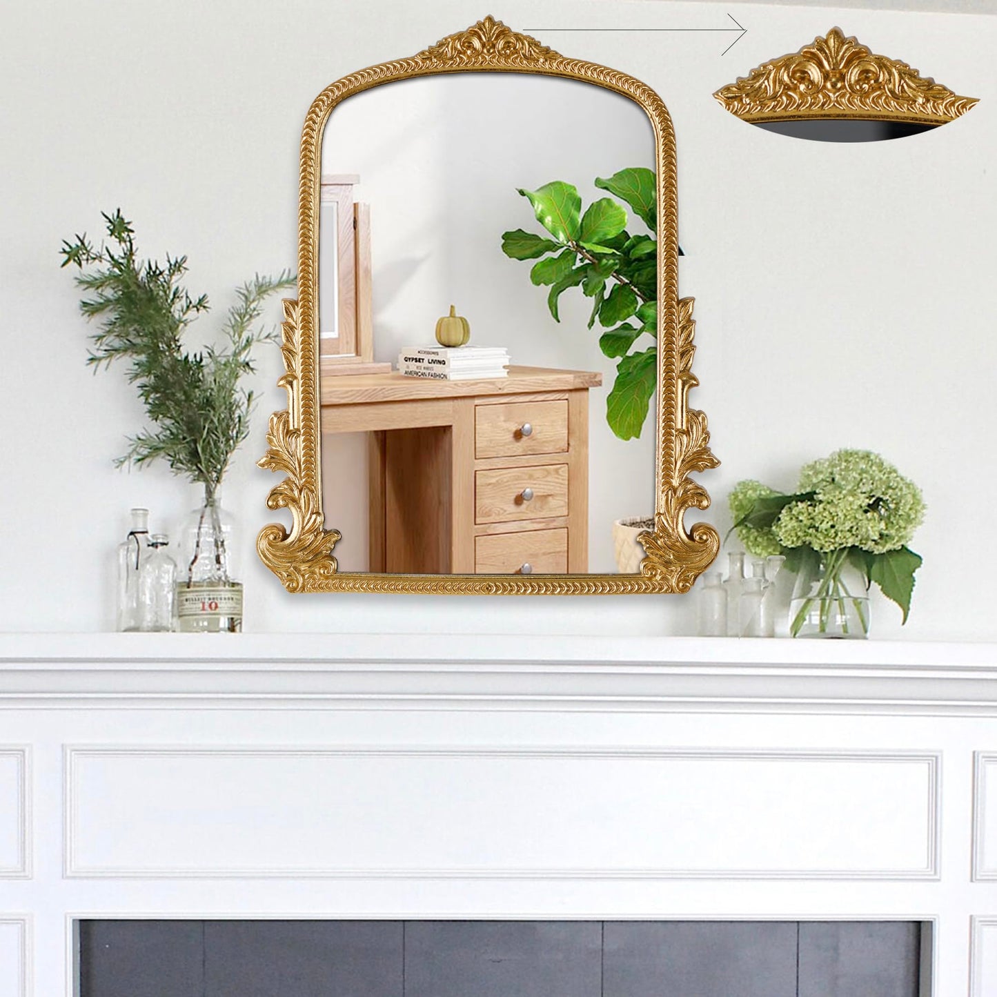 Gold Arched Mirror (40 x 50 CM) Ornate Baroque Arch Wall Mirror-for Living Rooms, Hallways, Fireplaces, Bathrooms, Entryways