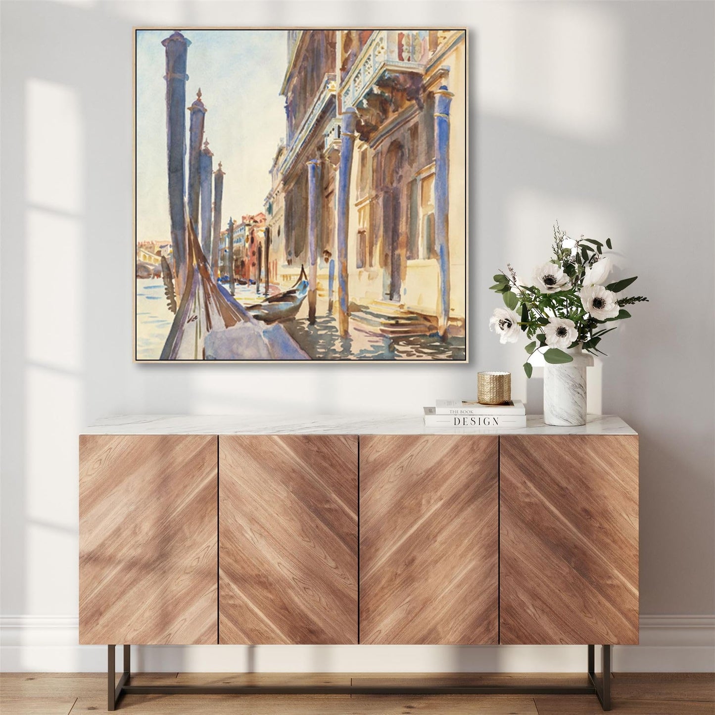 Wallfillers Large John Singer Sargeant Wall Art Framed Canvas Print of Famous Gondola Moorings Venice Painting (100cm x 100cm)
