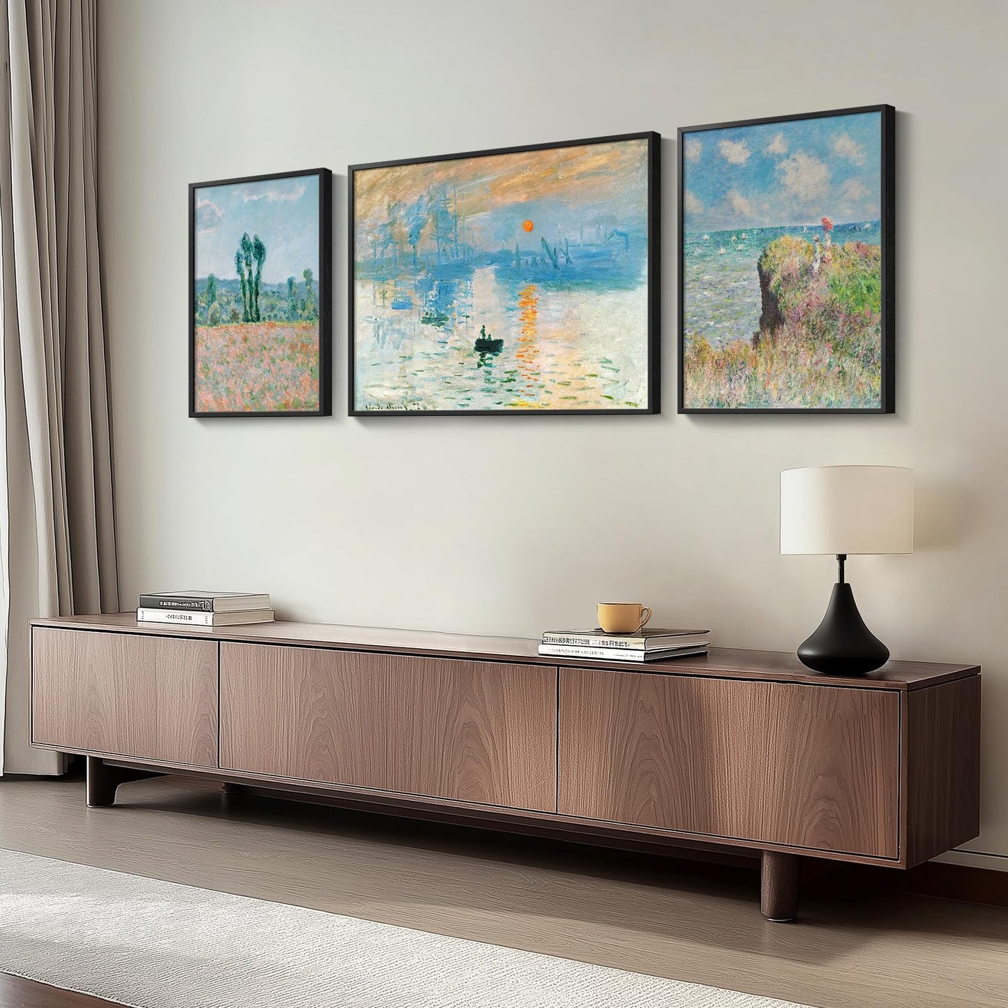 Framed Claude Monet Wall Art for Living Room, 3 Piece Extra Large Monet Canvas Wall Art, Impression Sunrise Artwork for Walls, Mid Century Pictures Prints for Bedroom Hallway Home Office Wall Decor